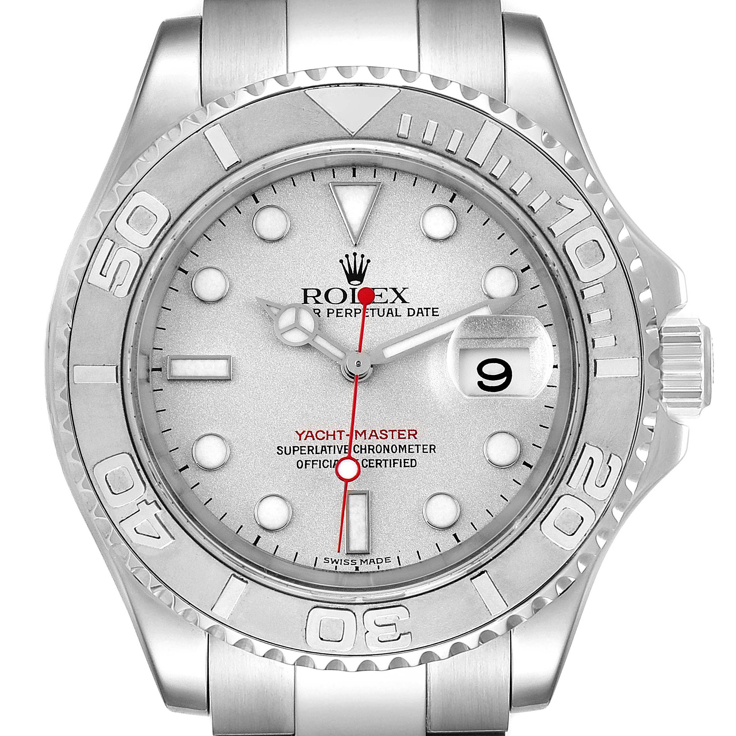 The image shows a frontal view of the Rolex Yacht-Master 16622 Men's Stainless Steel Silver Dial 16622 Men's Stainless Steel Silver Dial watch, showcasing the dial, bezel, hands, date window, and part of the bracelet.