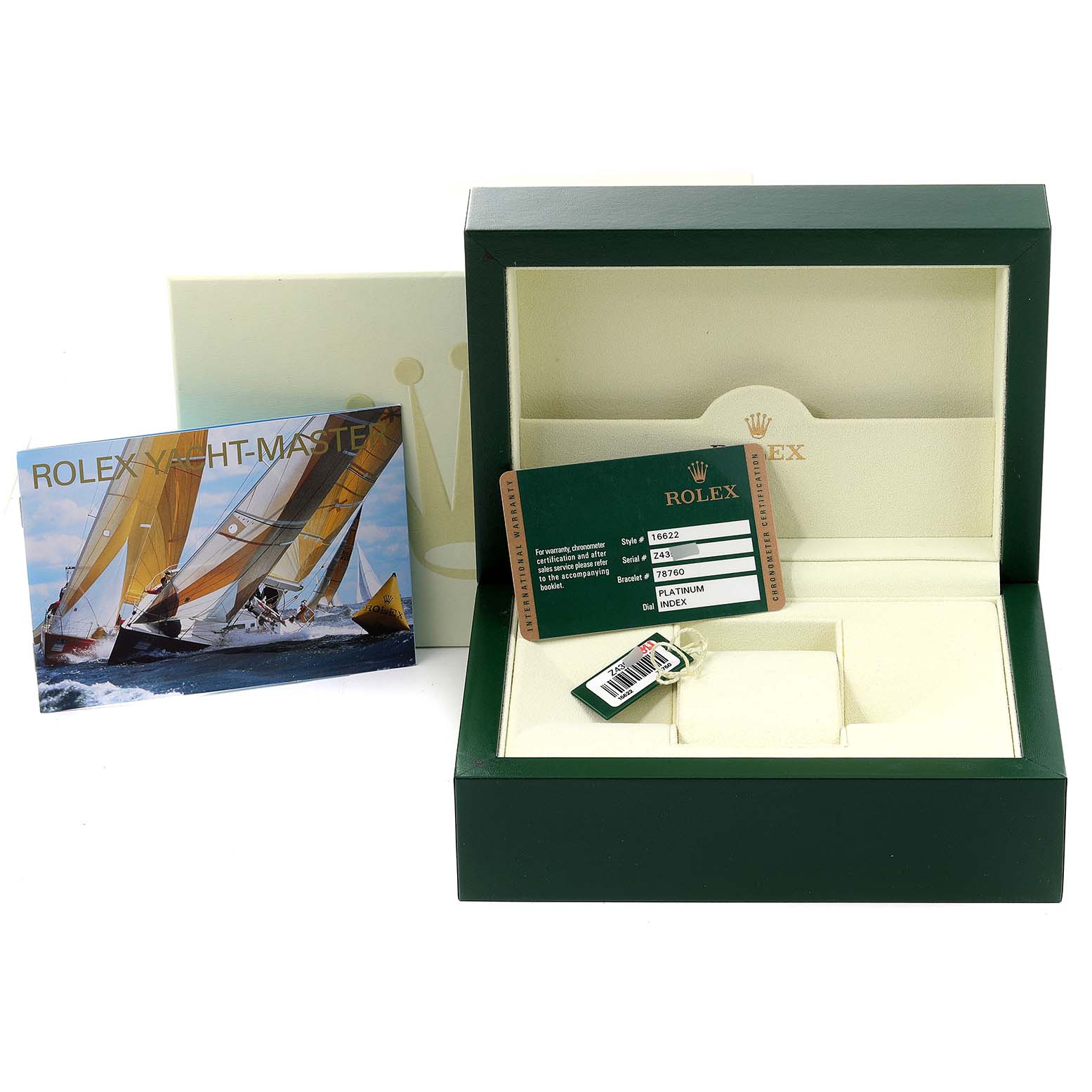 The image shows the open box, warranty card, and booklet for a Rolex Yacht-Master 16622 Men's Stainless Steel Silver Dial 16622 Men's Stainless Steel Silver Dial watch.