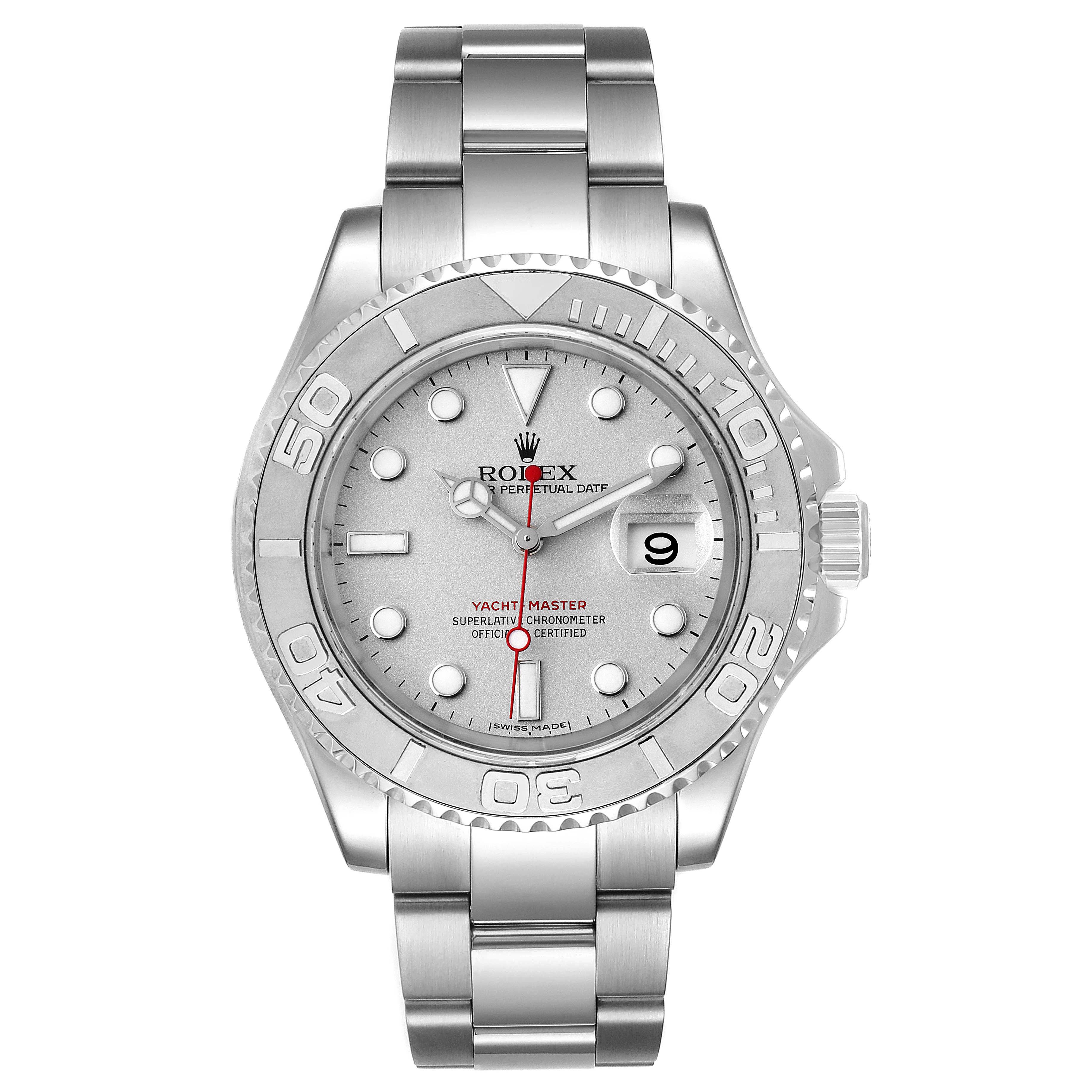 This image shows a frontal view of a Rolex Yacht-Master 16622 Men's Stainless Steel Silver Dial 16622 Men's Stainless Steel Silver Dial watch, highlighting the dial, bezel, bracelet, and crown.