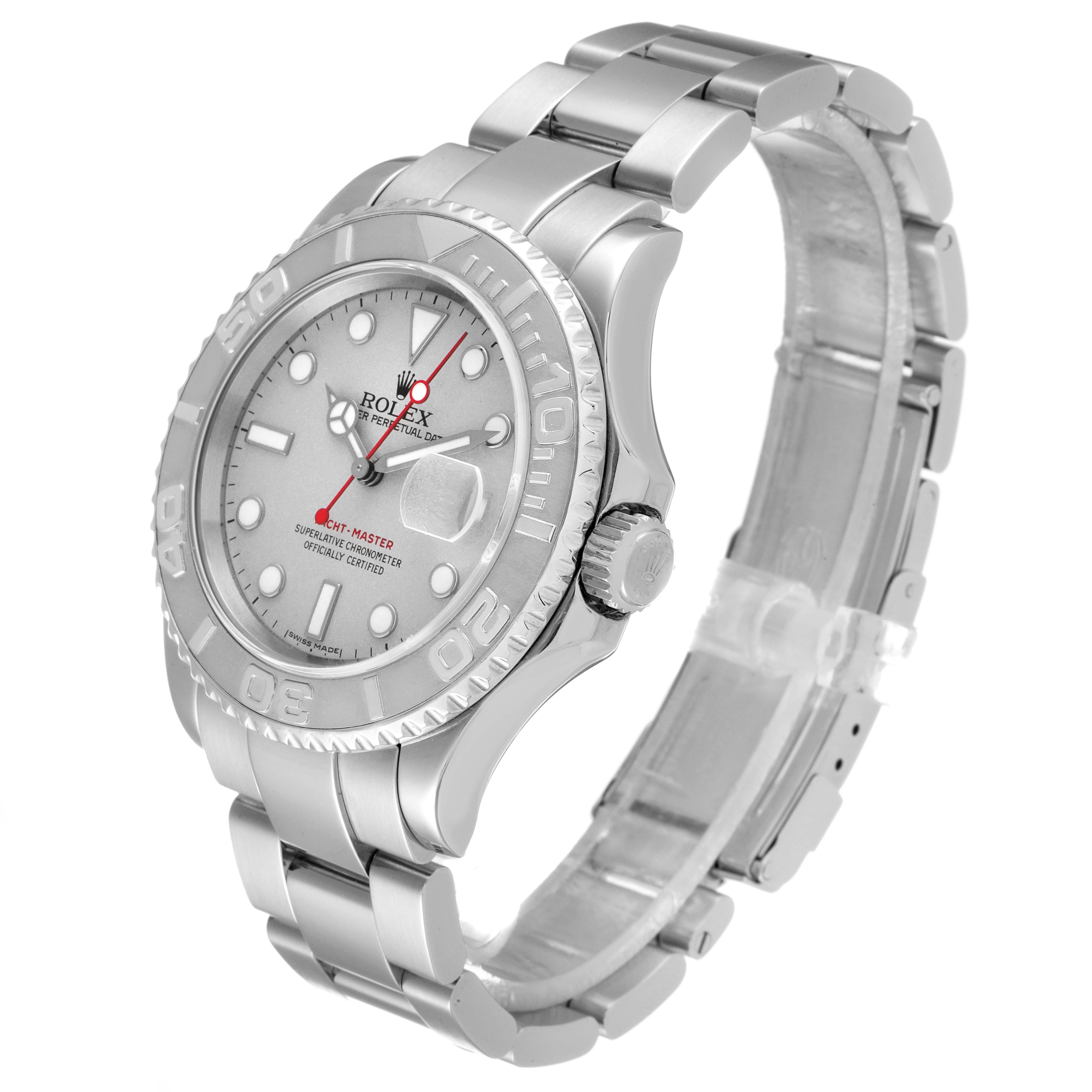 The Rolex Yacht-Master 16622 Men's Stainless Steel Silver Dial 16622 Men's Stainless Steel Silver Dial watch is shown at a slight angle, highlighting its face, bezel, crown, and bracelet.