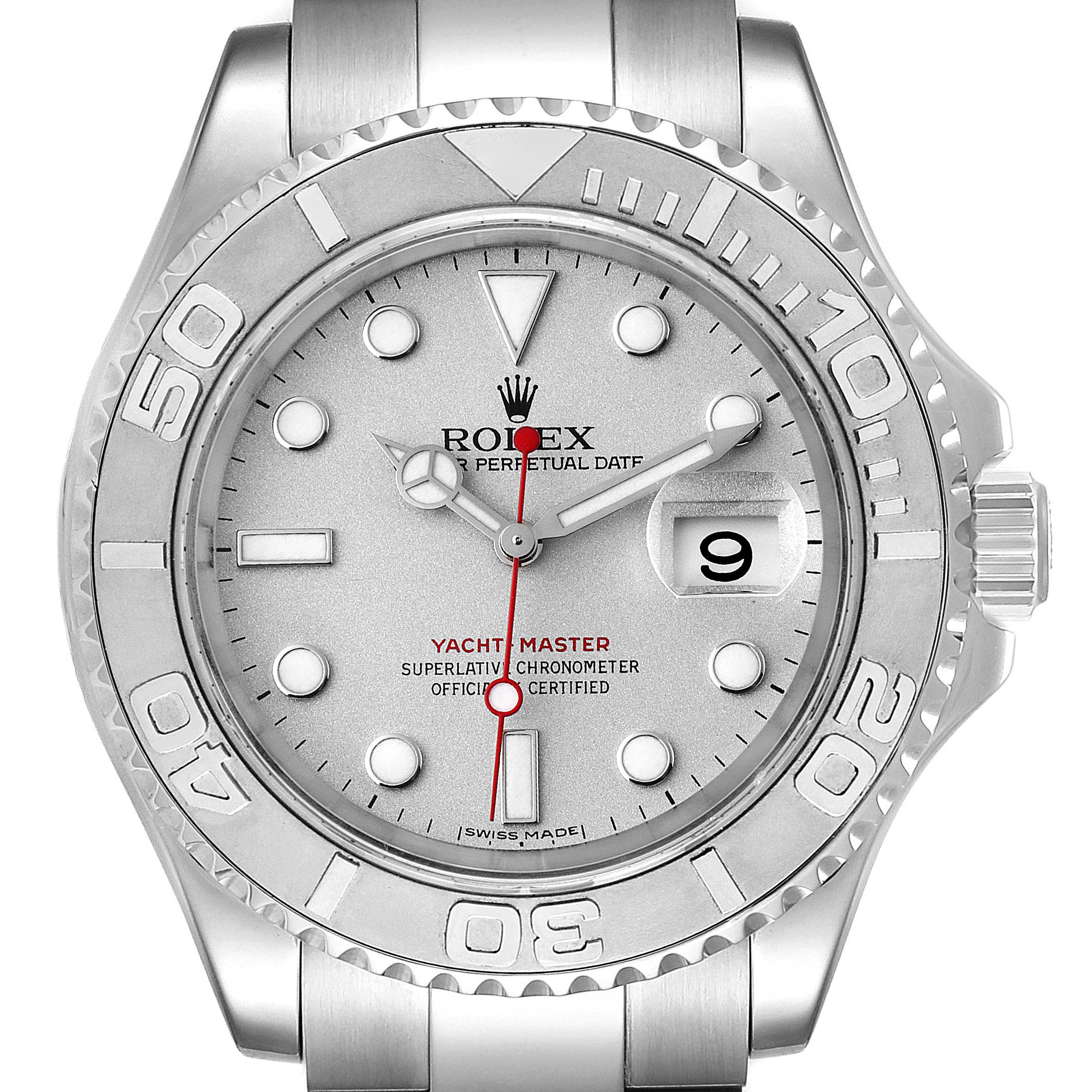 The image shows a frontal view of the Rolex Yacht-Master 16622 Men's Stainless Steel Silver Dial 16622 Men's Stainless Steel Silver Dial watch, highlighting its dial, bezel, and bracelet.