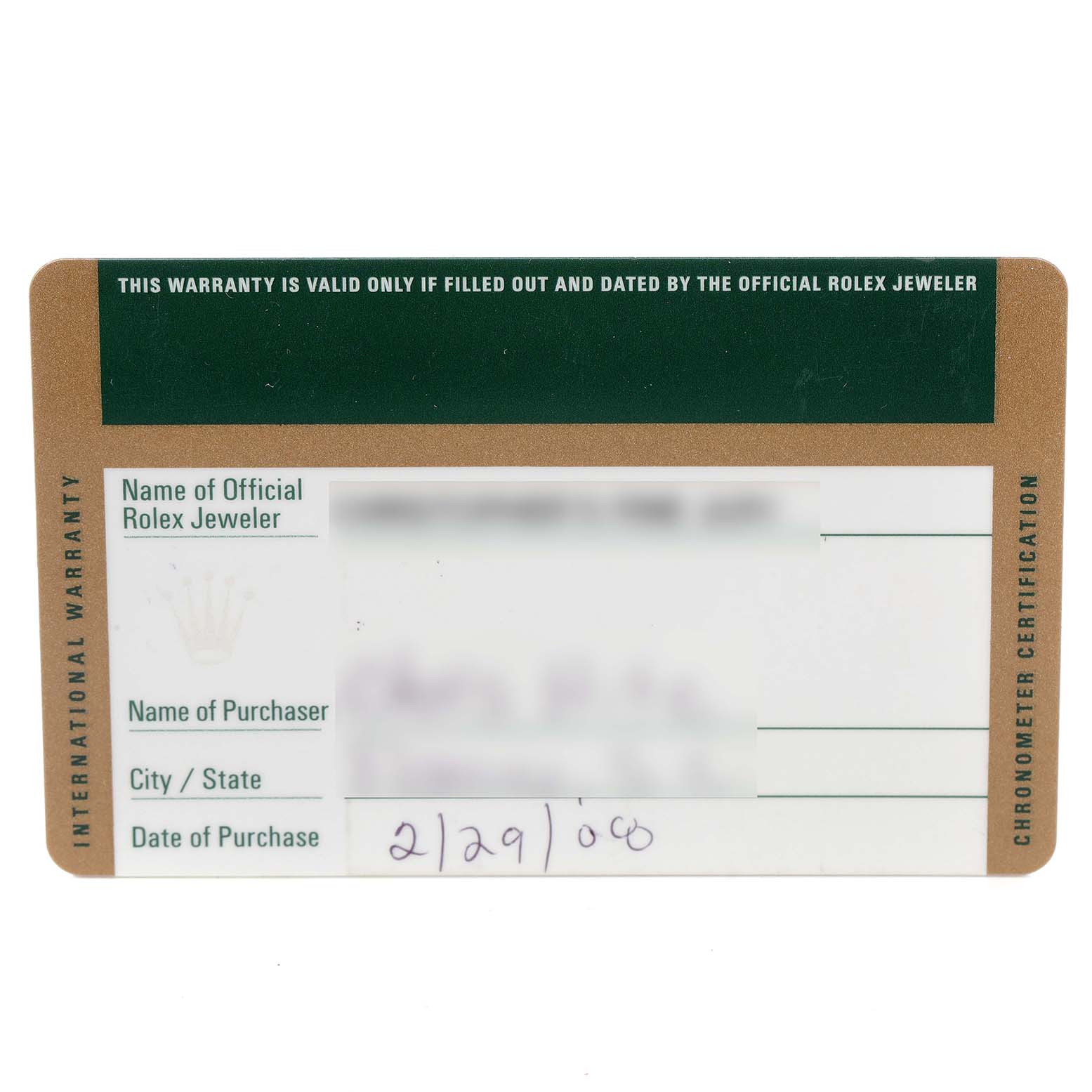 This image shows the warranty card for a Rolex Yacht-Master 16622 Men's Stainless Steel Silver Dial 16622 Men's Stainless Steel Silver Dial watch.