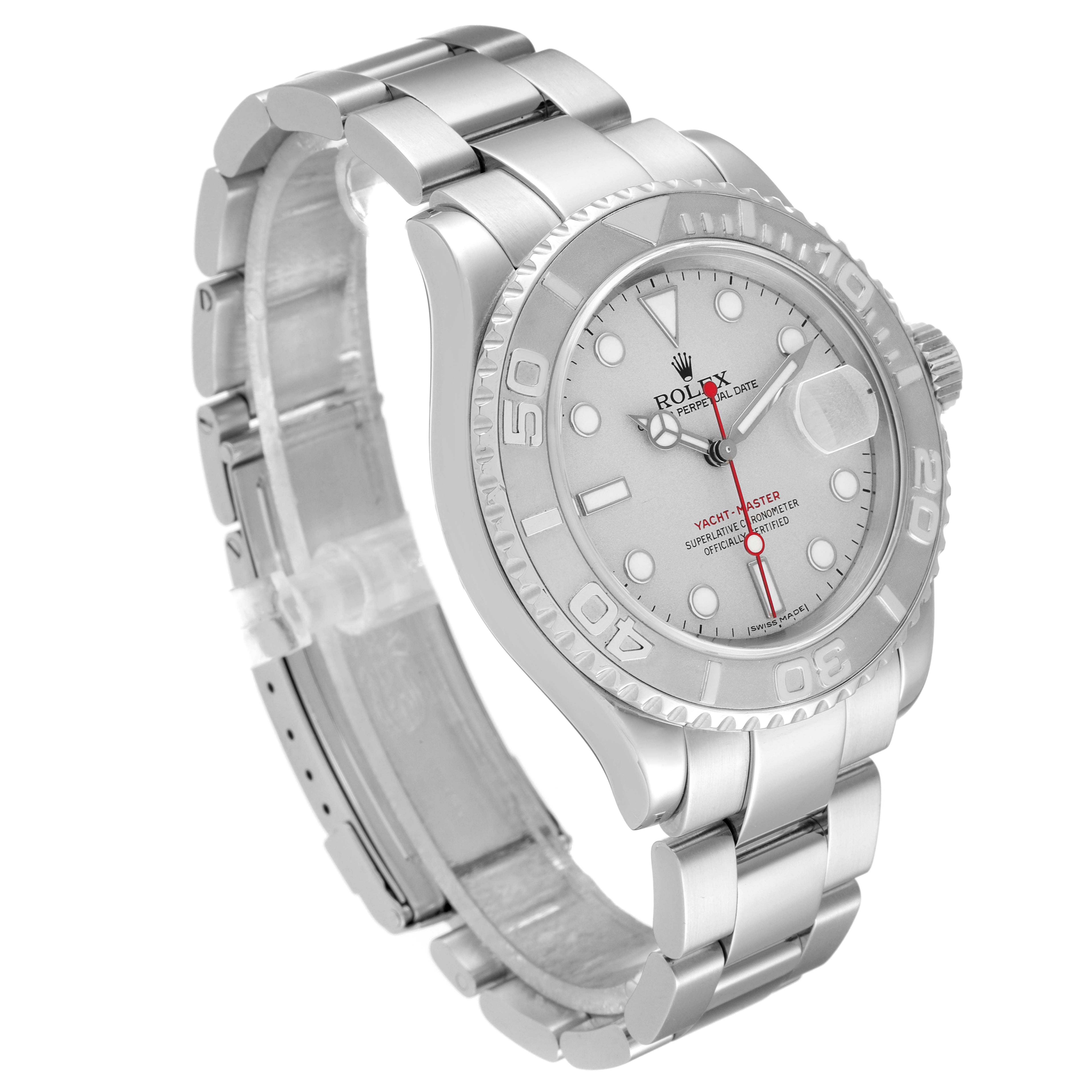 The image shows a side view of the Rolex Yacht-Master 16622 Men's Stainless Steel Silver Dial 16622 Men's Stainless Steel Silver Dial watch, highlighting its bracelet, case, bezel, and dial.