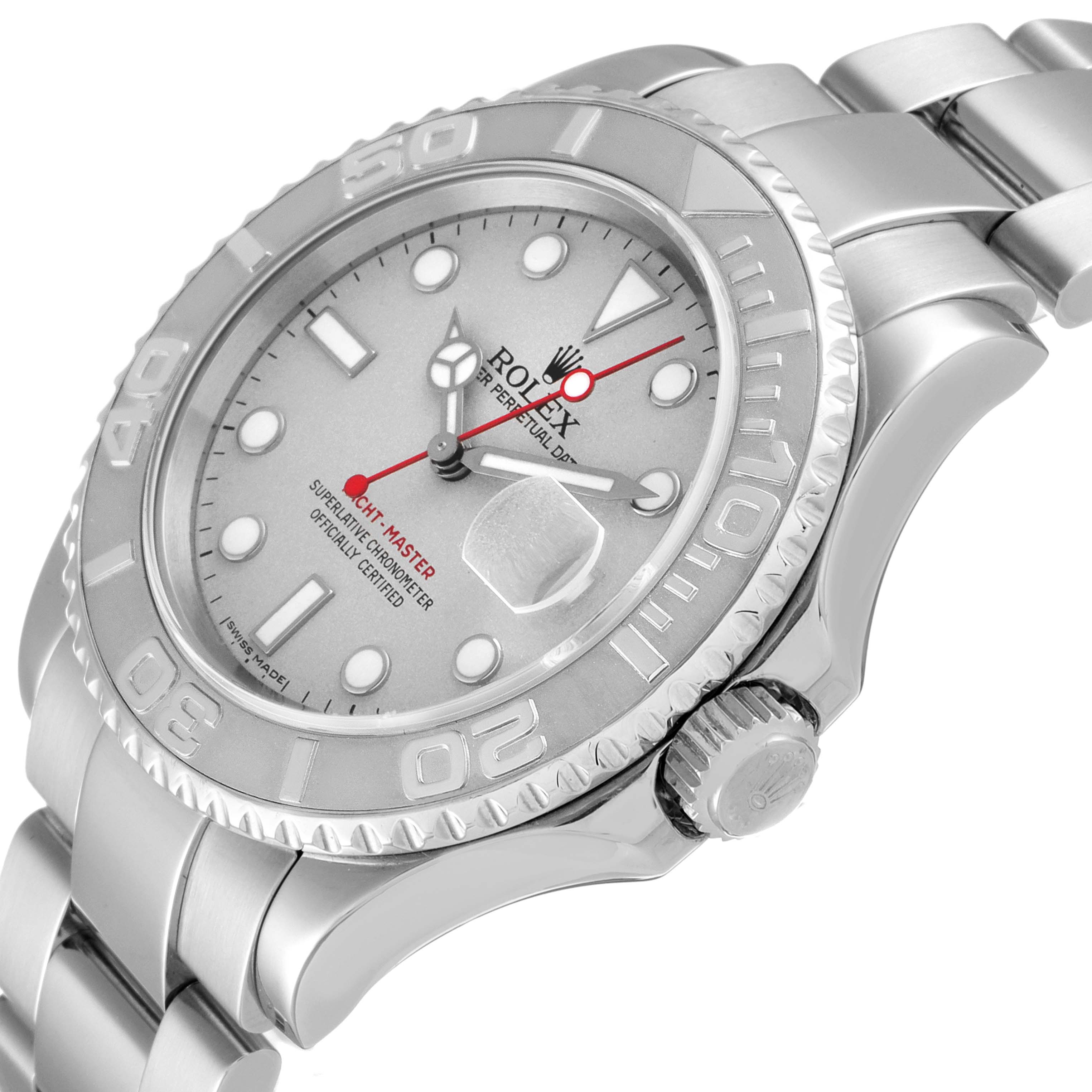 The image shows a side angle of the Rolex Yacht-Master 16622 Men's Stainless Steel Silver Dial 16622 Men's Stainless Steel Silver Dial watch highlighting its dial, bezel, crown, and part of the bracelet.