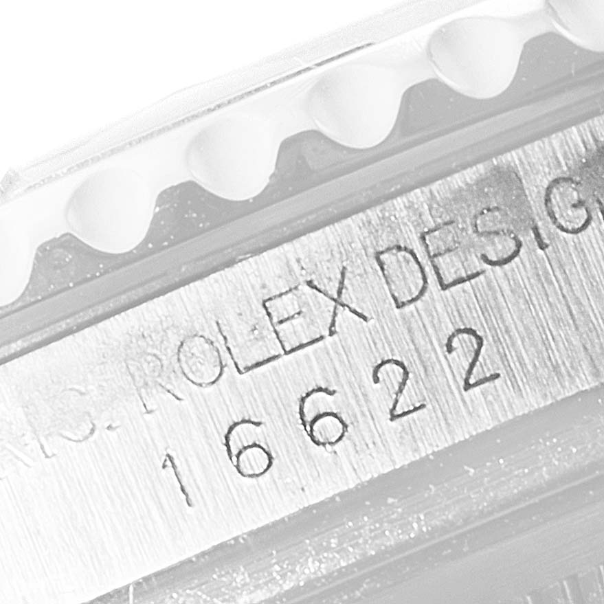 The image shows a close-up angle of the side of a Rolex Yacht-Master 16622 Men's Stainless Steel Silver Dial 16622 Men's Stainless Steel Silver Dial watch, highlighting the model number 16622 and bezel details.