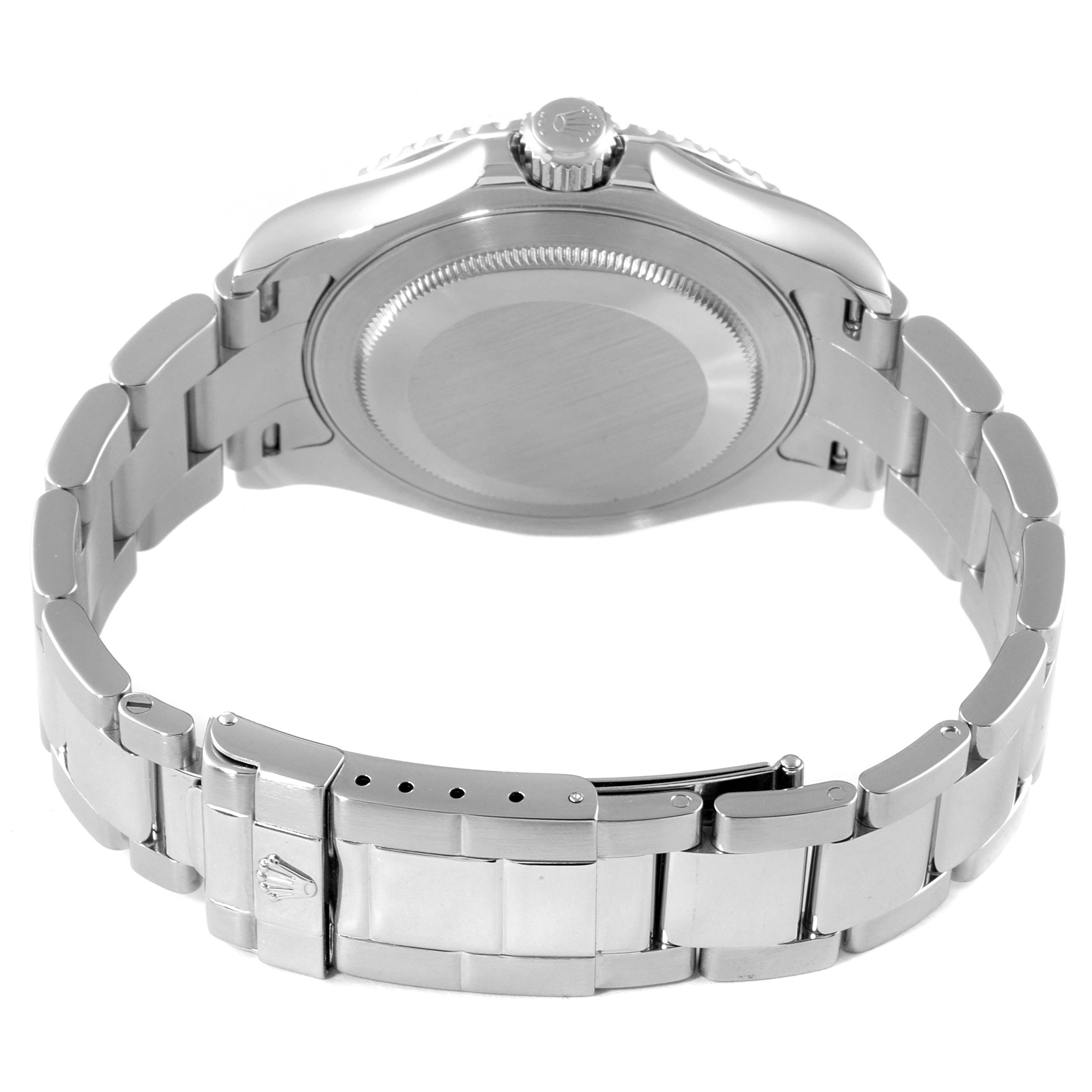 The image shows the back view of the Rolex Yacht-Master 16622 Men's Stainless Steel Silver Dial 16622 Men's Stainless Steel Silver Dial watch, highlighting its case back, crown, and stainless steel bracelet.