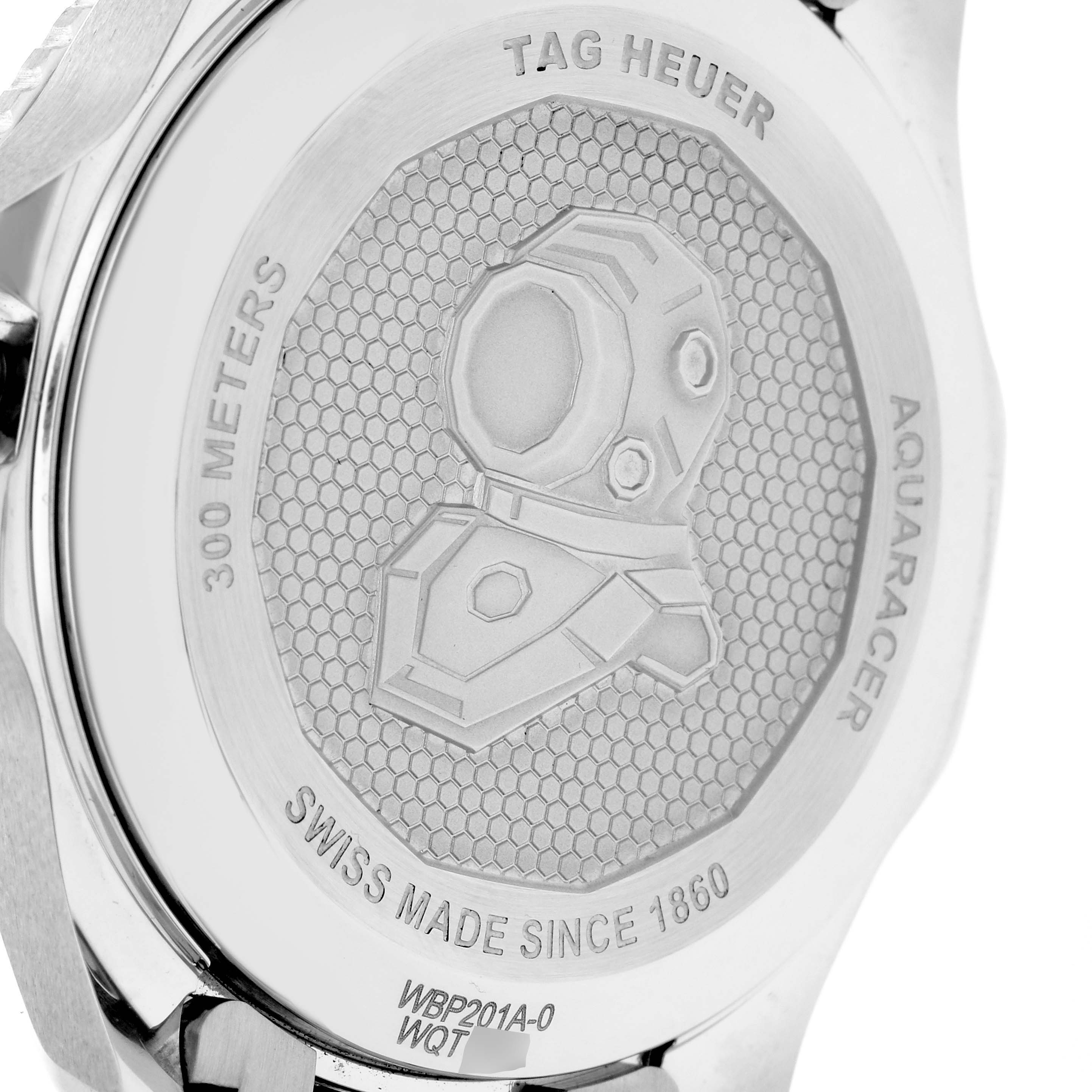 The image shows the back of a Tag Heuer Aquaracer WBP201A.BA0632 Men's Stainless Steel Black Dial WBP201A.BA0632 Men's Stainless Steel Black Dial watch, highlighting its engraved design and branding details.