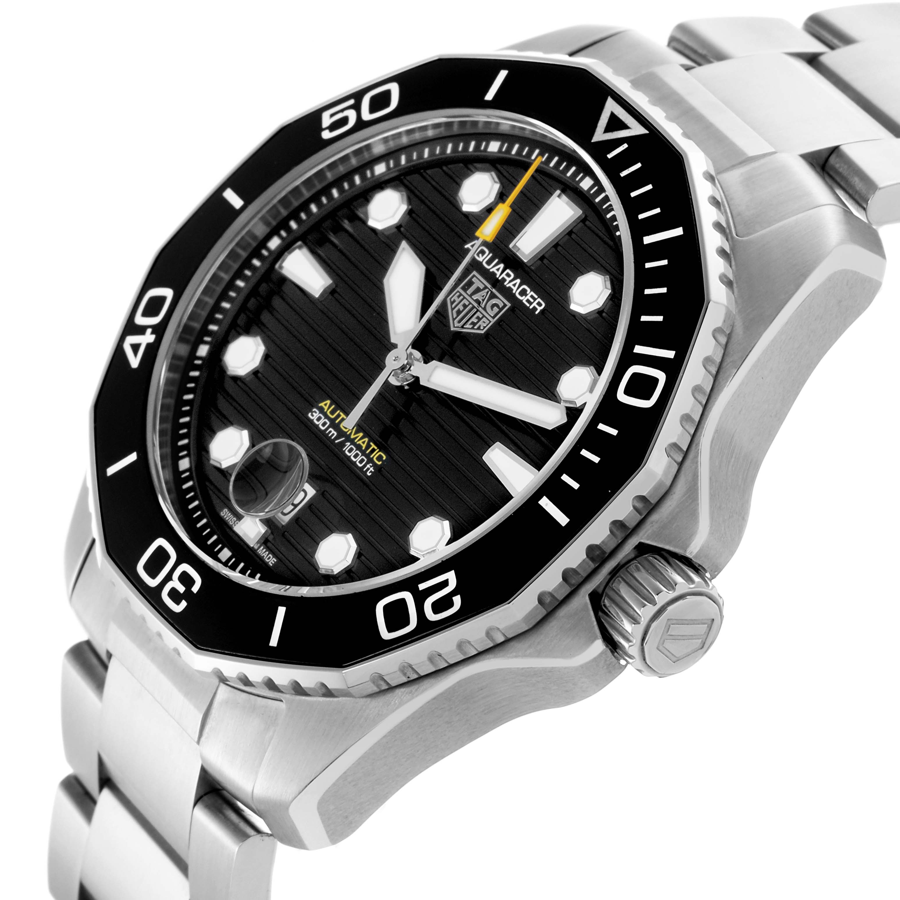 The Tag Heuer Aquaracer WBP201A.BA0632 Men's Stainless Steel Black Dial WBP201A.BA0632 Men's Stainless Steel Black Dial watch is shown at an angled side view, highlighting the bezel, dial, and crown mounted on a silver bracelet.