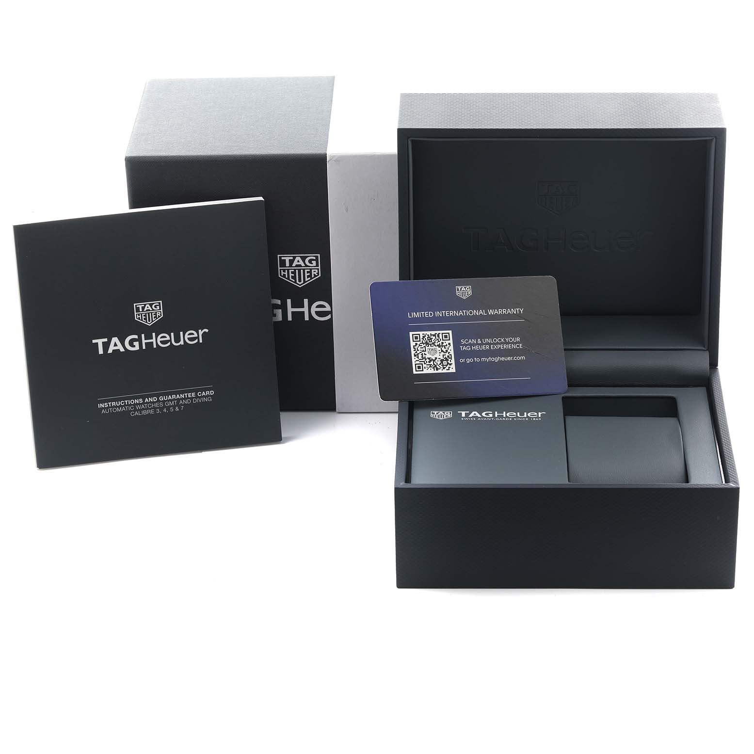 The image shows the packaging, warranty card, and booklet for a Tag Heuer Aquaracer WBP201A.BA0632 Men's Stainless Steel Black Dial WBP201A.BA0632 Men's Stainless Steel Black Dial.