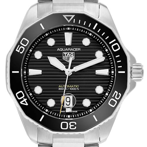 The Tag Heuer Aquaracer watch is shown from a front angle, featuring the bezel, dial, hands, and crown.