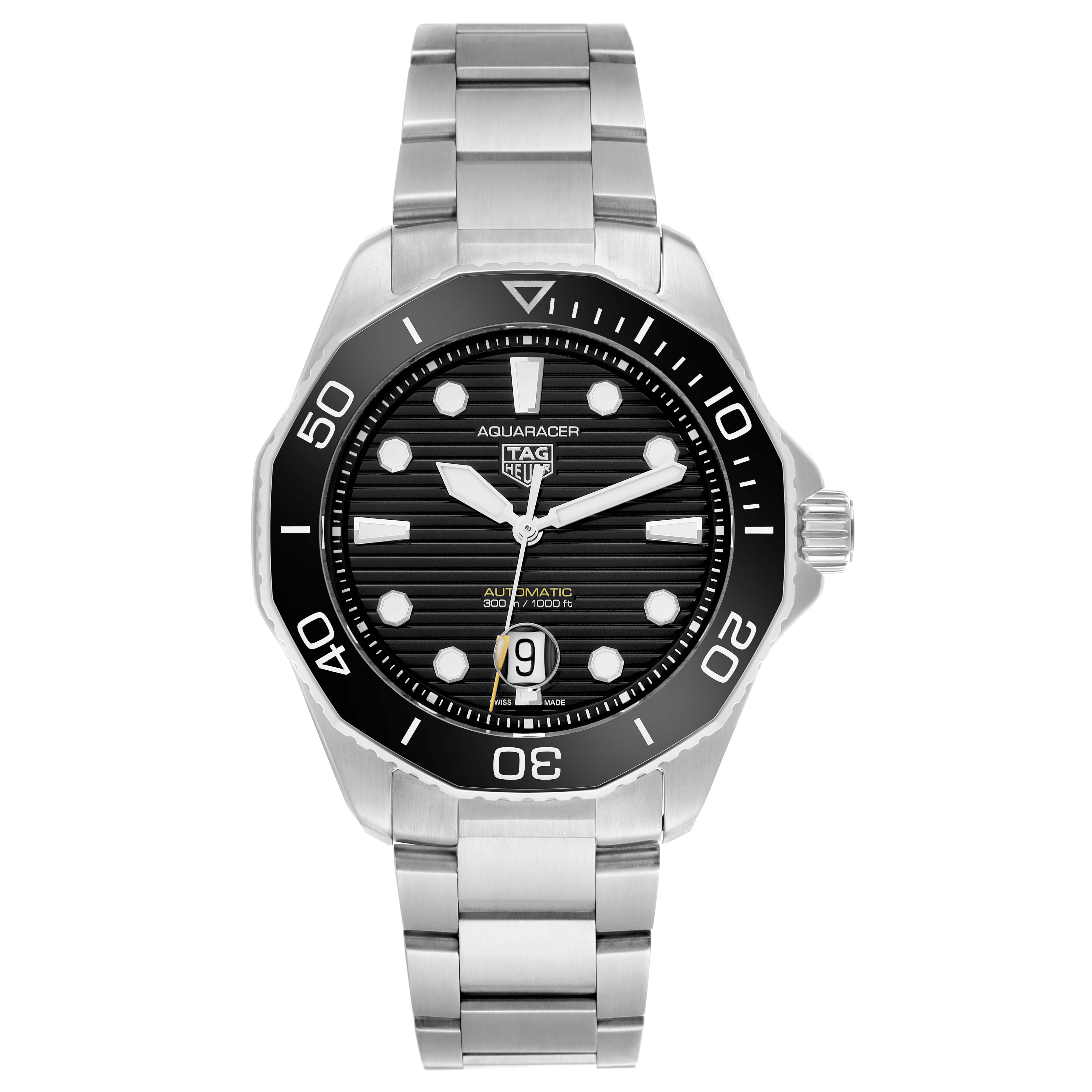 The Tag Heuer Aquaracer WBP201A.BA0632 Men's Stainless Steel Black Dial WBP201A.BA0632 Men's Stainless Steel Black Dial watch is shown from a front angle, displaying its black dial, silver bezel, and stainless steel bracelet.