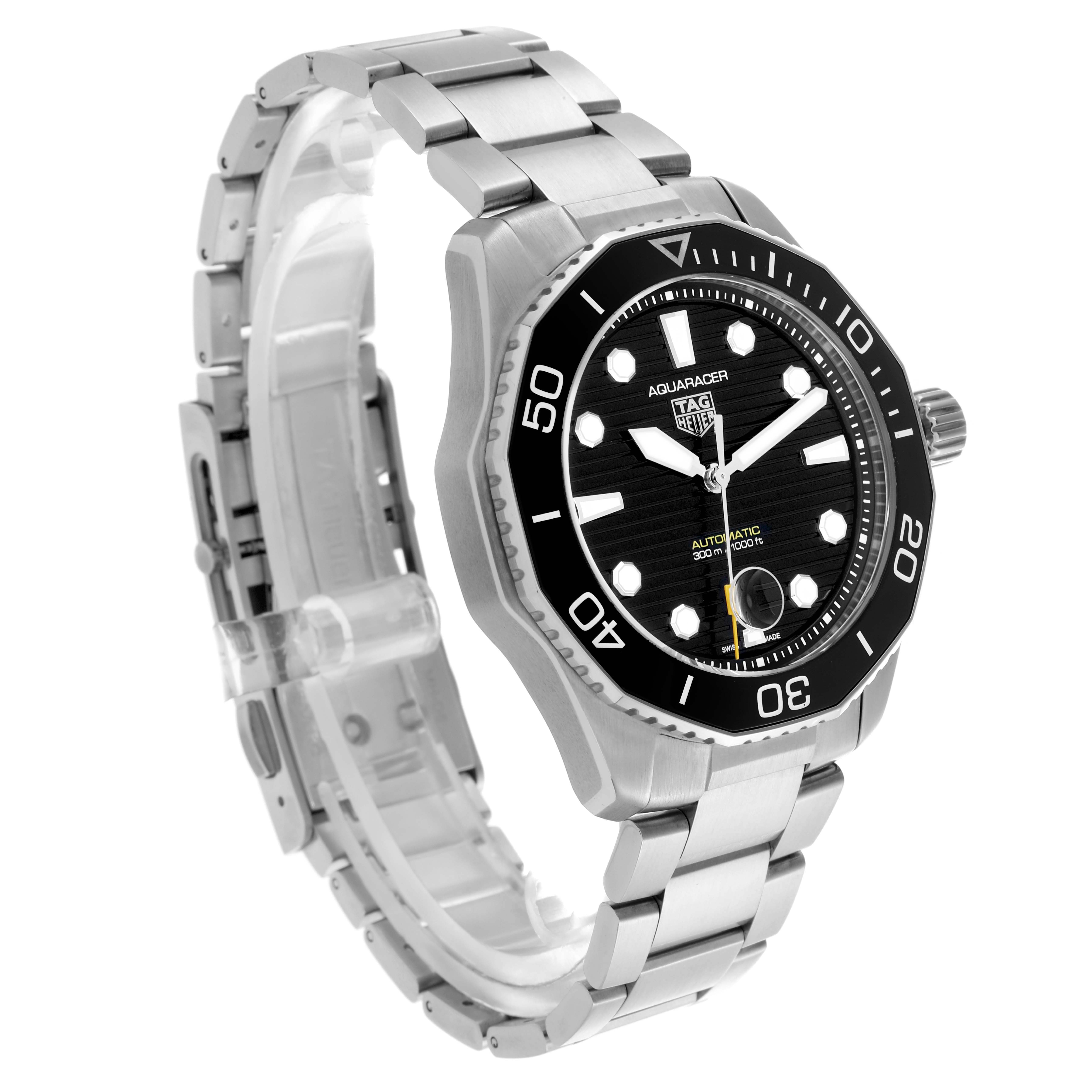 The Tag Heuer Aquaracer WBP201A.BA0632 Men's Stainless Steel Black Dial WBP201A.BA0632 Men's Stainless Steel Black Dial watch is shown at an angled side view, highlighting the bezel, face, and metal bracelet.