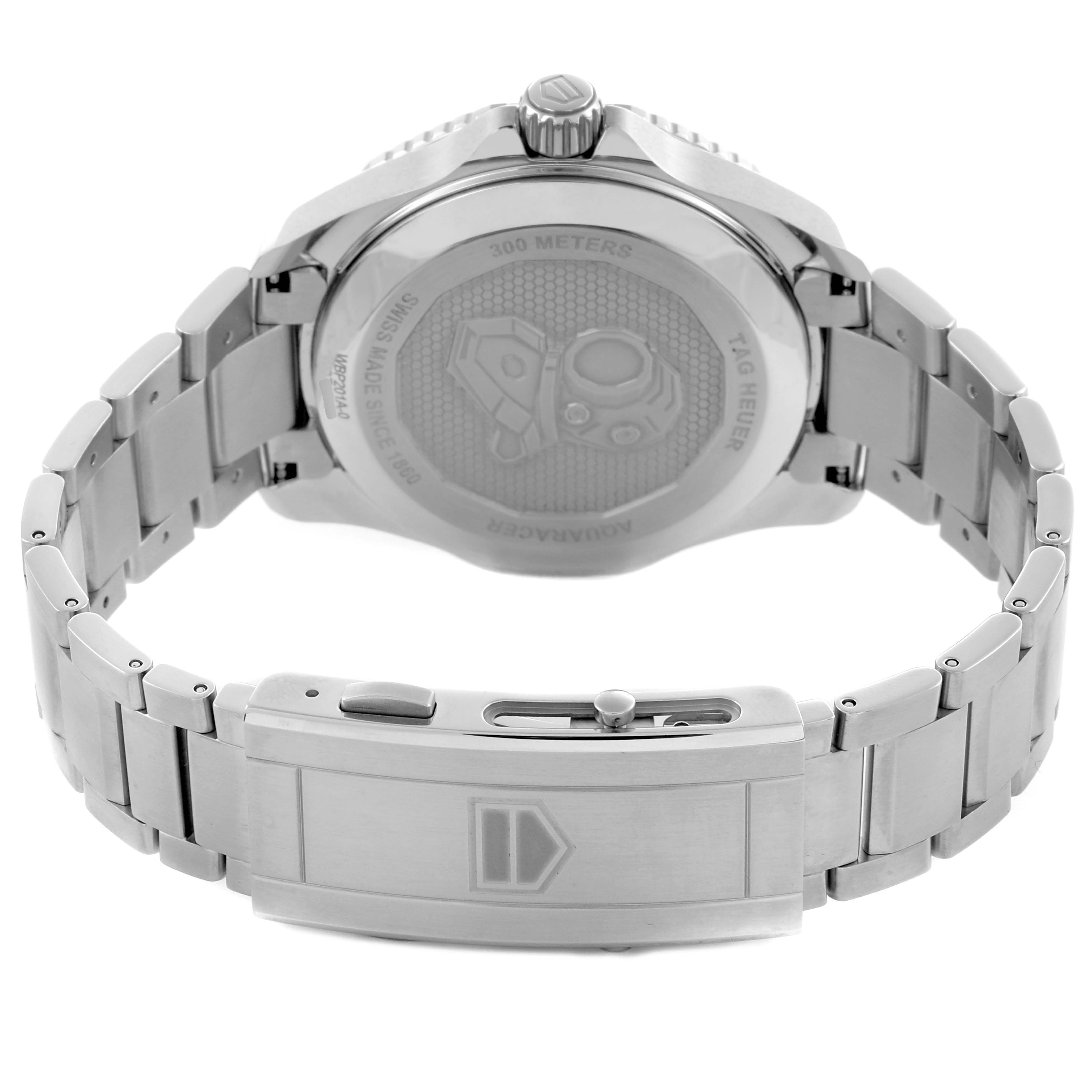 The image shows the back of the Tag Heuer Aquaracer WBP201A.BA0632 Men's Stainless Steel Black Dial WBP201A.BA0632 Men's Stainless Steel Black Dial watch, focusing on the clasp and case back.