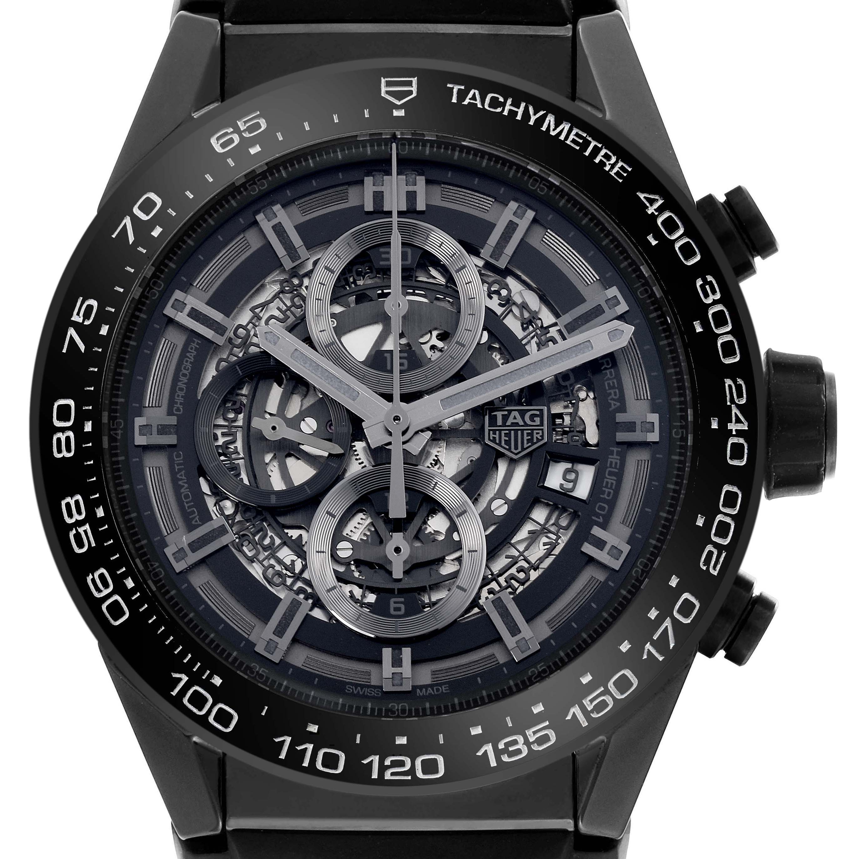 The Tag Heuer Carrera CAR2A90.FT6071 Men's Ceramic Black Dial CAR2A90.FT6071 Men's Ceramic Black Dial watch is shown from the front, highlighting its skeleton dial and tachymeter bezel.
