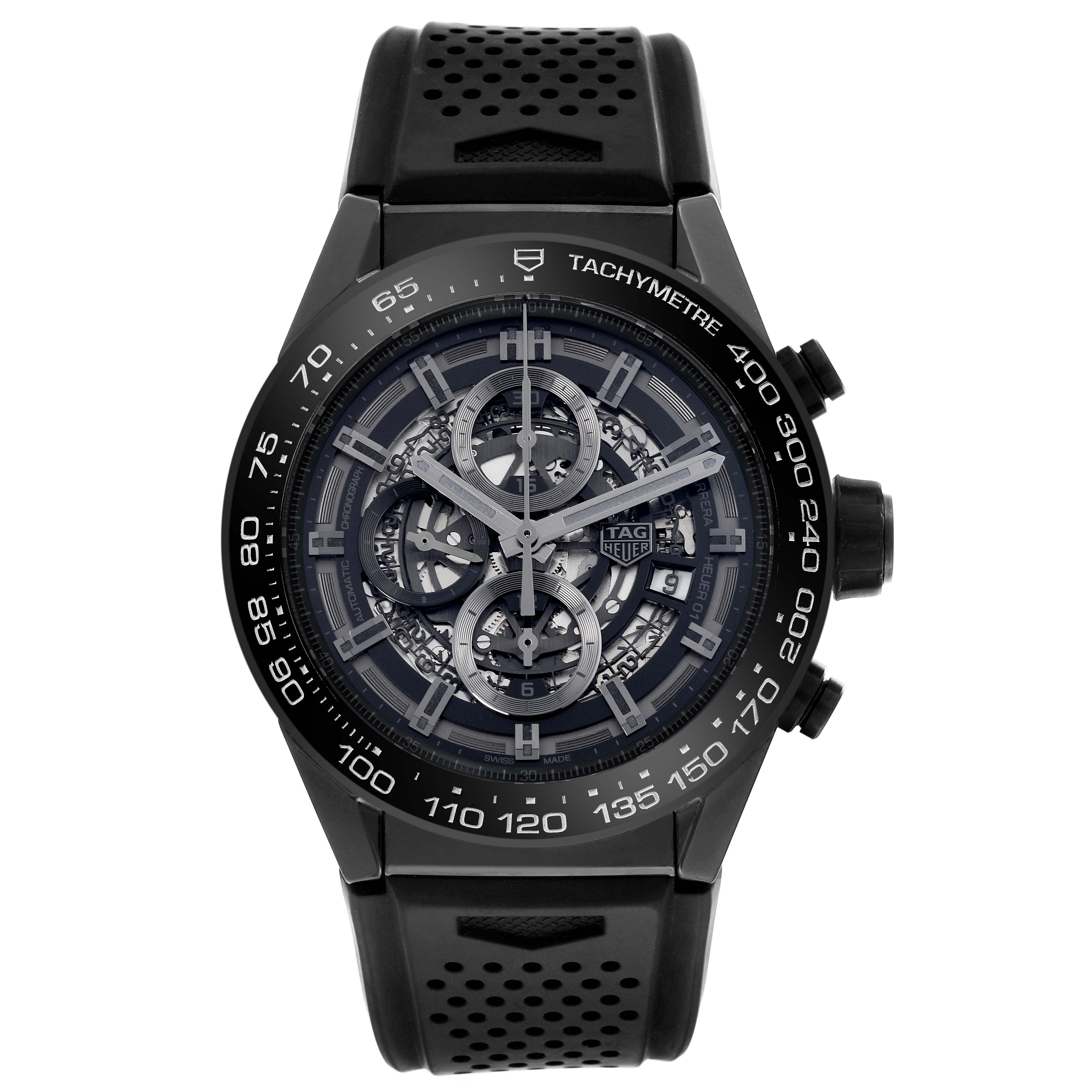 The Tag Heuer Carrera CAR2A90.FT6071 Men's Ceramic Black Dial CAR2A90.FT6071 Men's Ceramic Black Dial model watch is shown from a front angle, highlighting its dial and tachymeter scale.