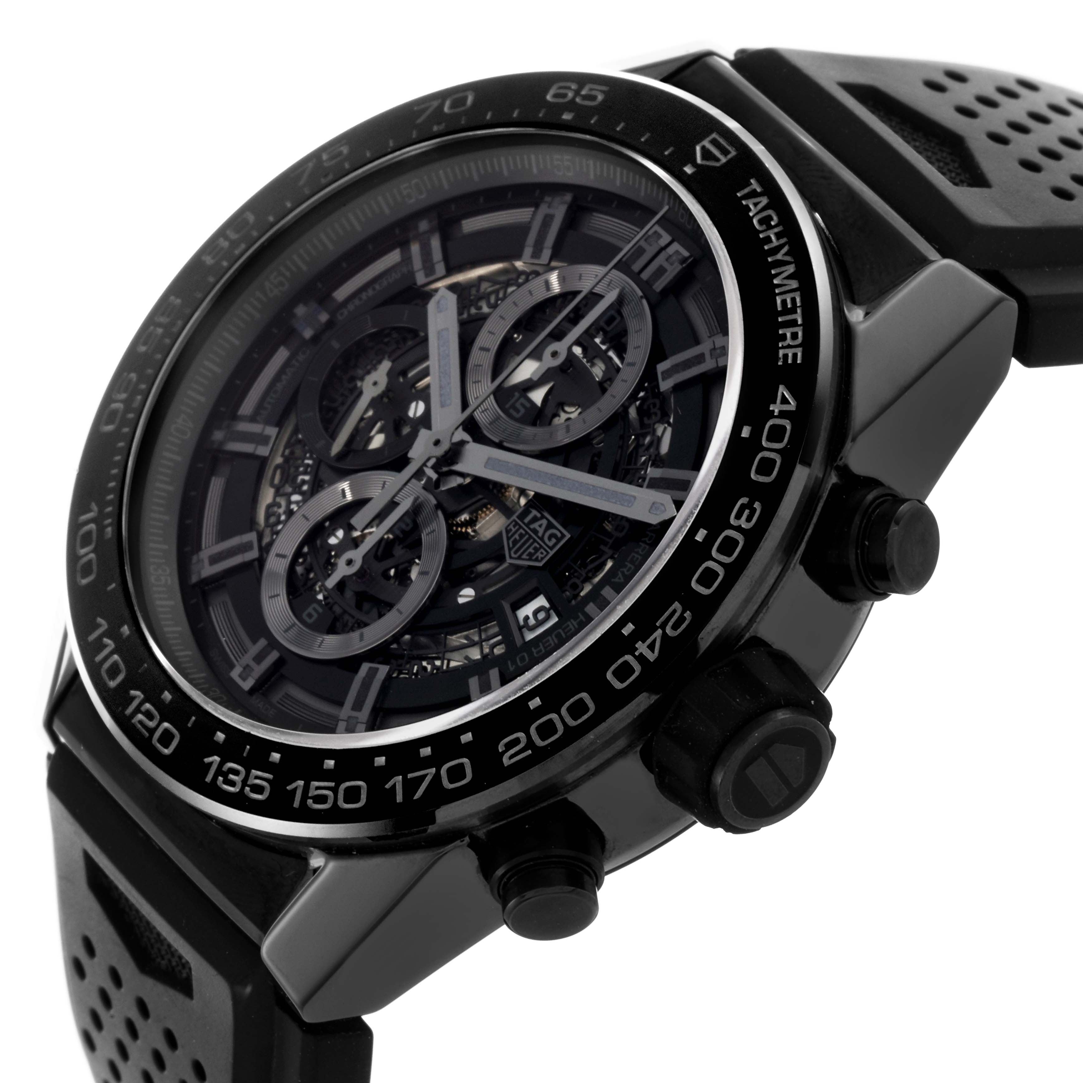 The Tag Heuer Carrera CAR2A90.FT6071 Men's Ceramic Black Dial CAR2A90.FT6071 Men's Ceramic Black Dial watch is shown at an angle highlighting its face, tachymeter bezel, and side pushers.