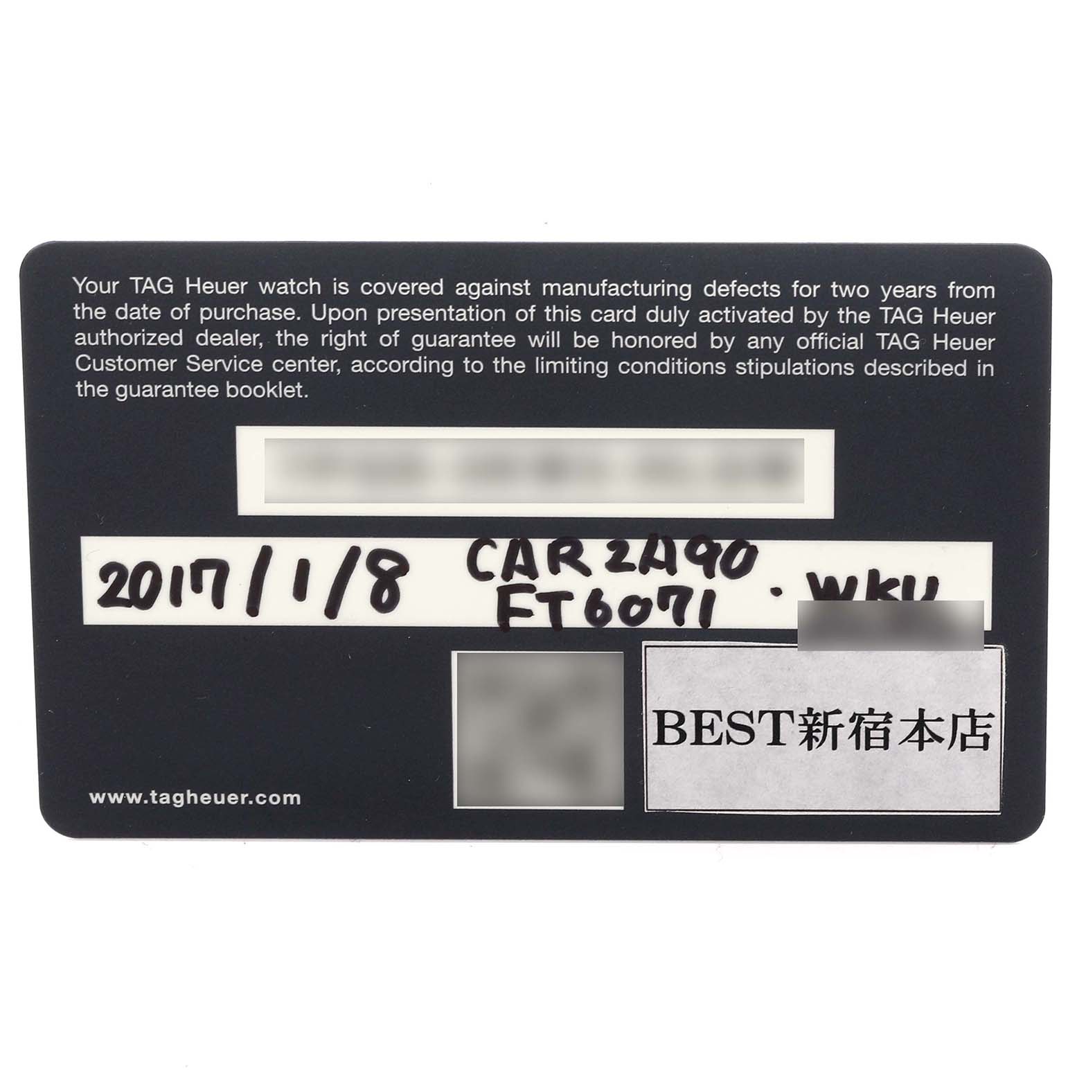 The image shows a warranty card for the Tag Heuer Carrera CAR2A90.FT6071 Men's Ceramic Black Dial CAR2A90.FT6071 Men's Ceramic Black Dial model.