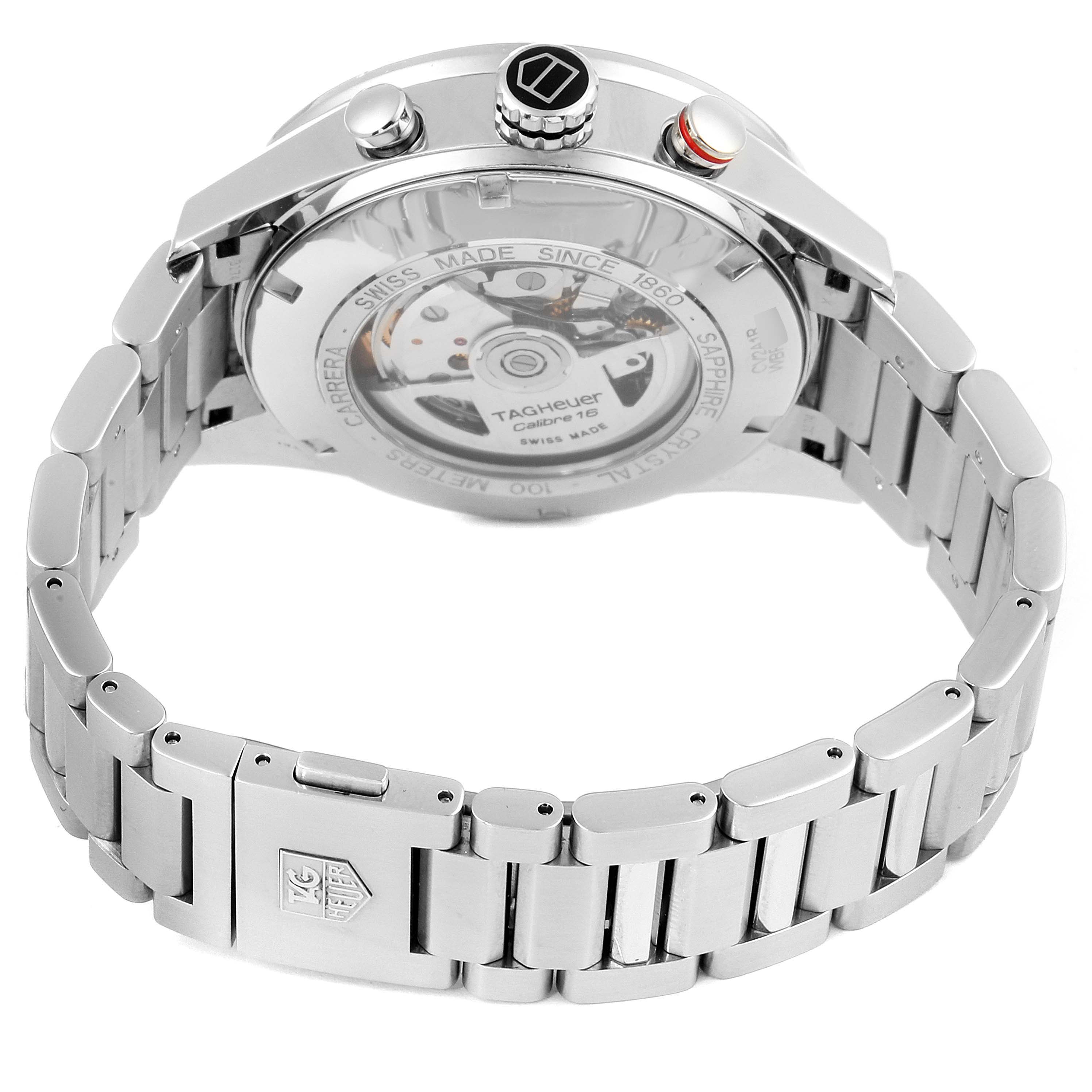 The image shows the back and side of a Tag Heuer Carrera CV2A1R.BA0799 Men
s Stainless Steel Black Dial CV2A1R.BA0799 Men
s Stainless Steel Black Dial watch, highlighting its bracelet and transparent case back.