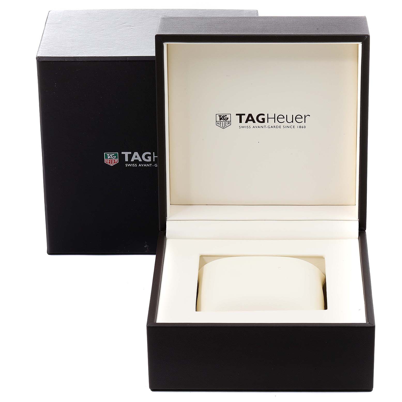 The image shows an empty Tag Heuer Carrera CV2A1R.BA0799 Men
s Stainless Steel Black Dial CV2A1R.BA0799 Men
s Stainless Steel Black Dial watch box open at an angle, revealing the interior cushion for the watch.