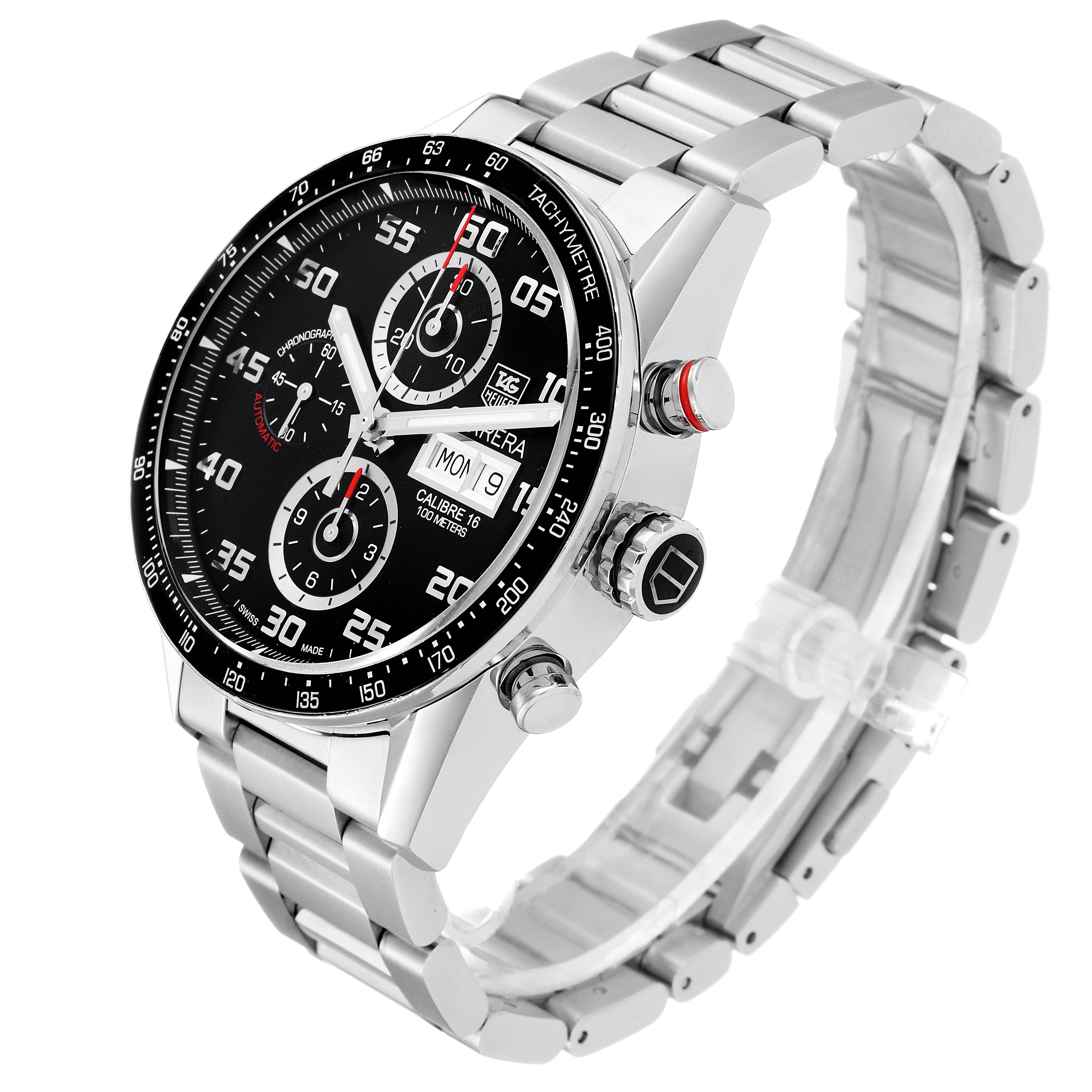 The image shows a side angle of the Tag Heuer Carrera CV2A1R.BA0799 Men
s Stainless Steel Black Dial CV2A1R.BA0799 Men
s Stainless Steel Black Dial watch, highlighting its face, bezel, and metal strap.