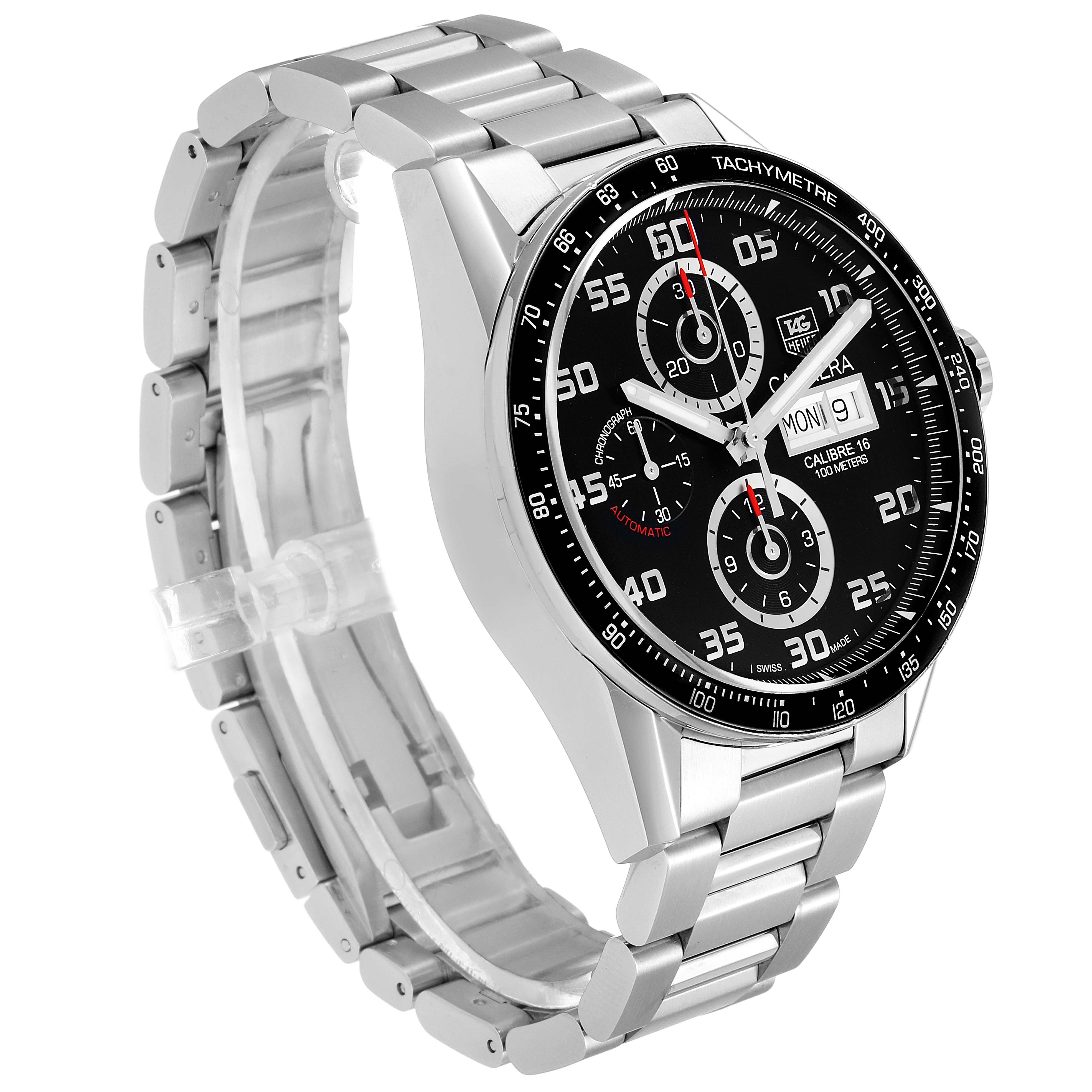 The image shows a Tag Heuer Carrera CV2A1R.BA0799 Men
s Stainless Steel Black Dial CV2A1R.BA0799 Men
s Stainless Steel Black Dial watch from an angled close-up, highlighting its face, bezel, and metal bracelet.