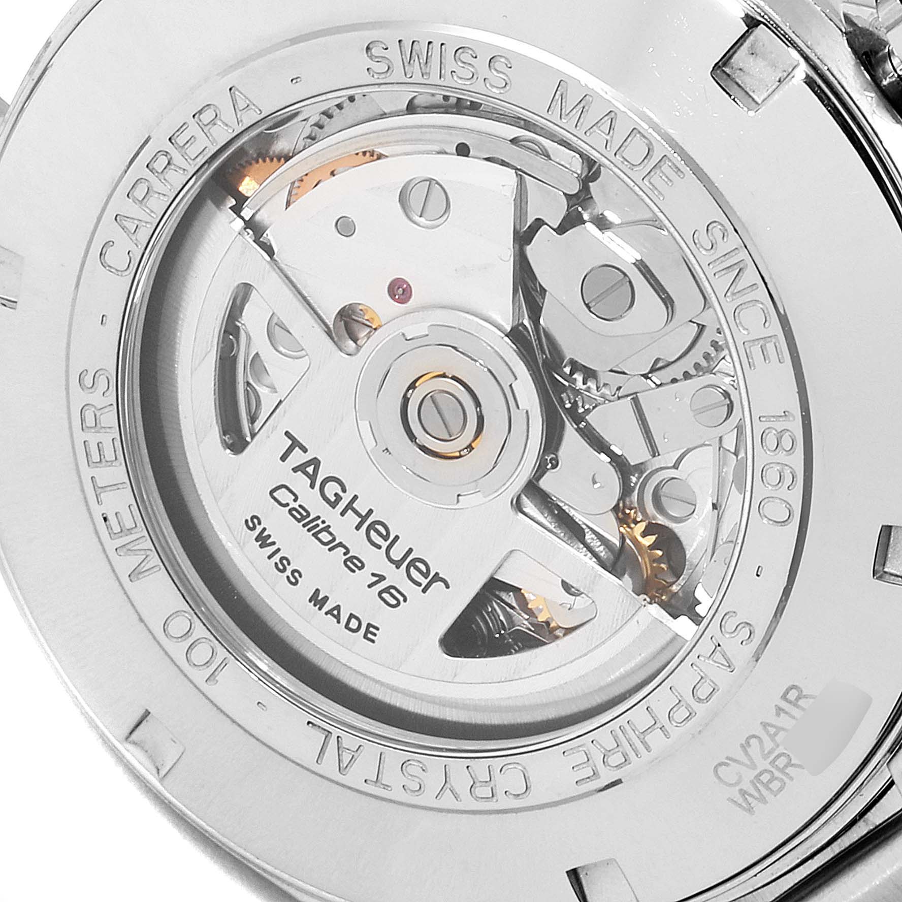 The image shows the transparent case back revealing the movement parts of a Tag Heuer Carrera CV2A1R.BA0799 Men
s Stainless Steel Black Dial CV2A1R.BA0799 Men
s Stainless Steel Black Dial Calibre 16 watch.