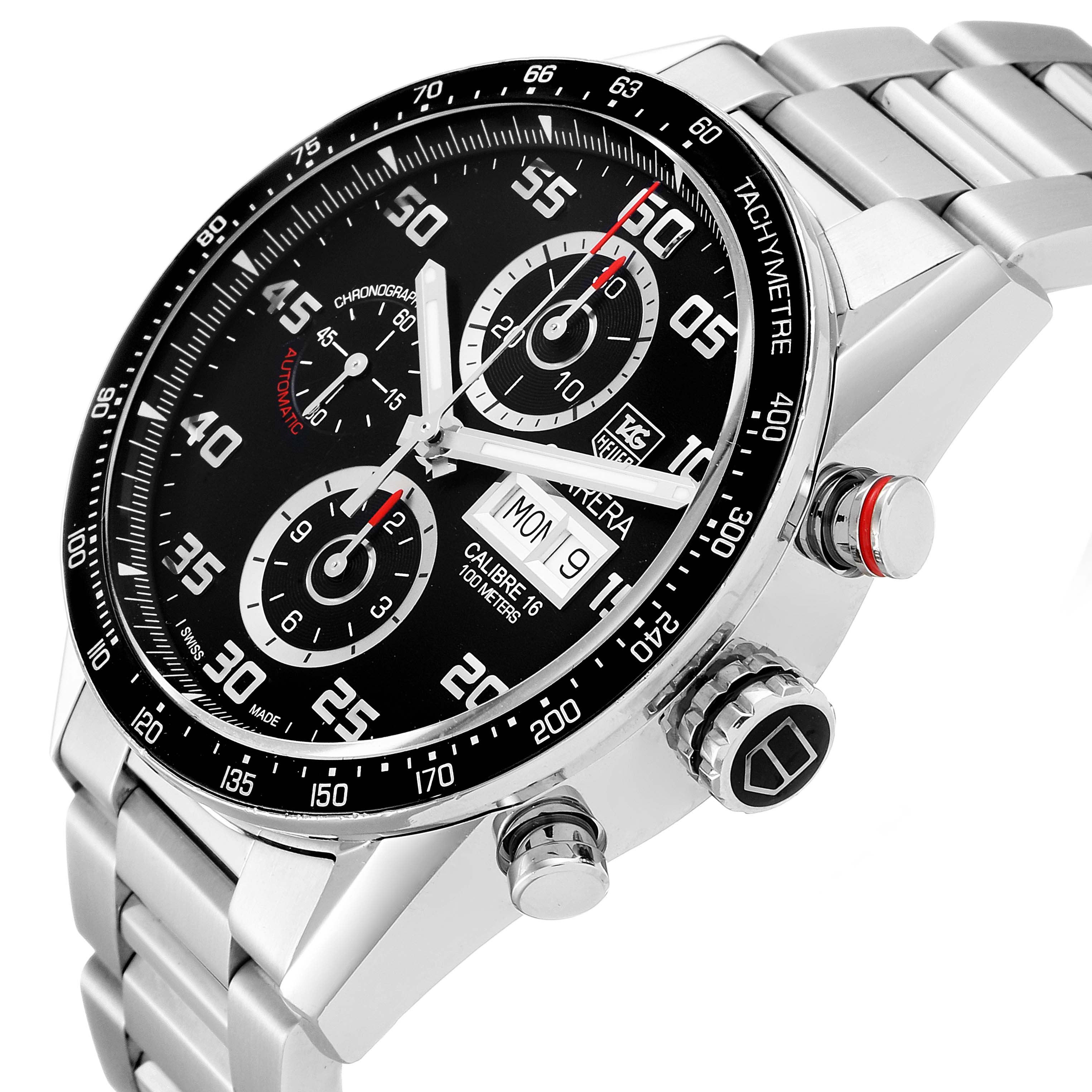 The watch, a Tag Heuer Carrera CV2A1R.BA0799 Men
s Stainless Steel Black Dial CV2A1R.BA0799 Men
s Stainless Steel Black Dial, is shown at a three-quarter angle highlighting its face, chronograph dials, and metal bracelet.