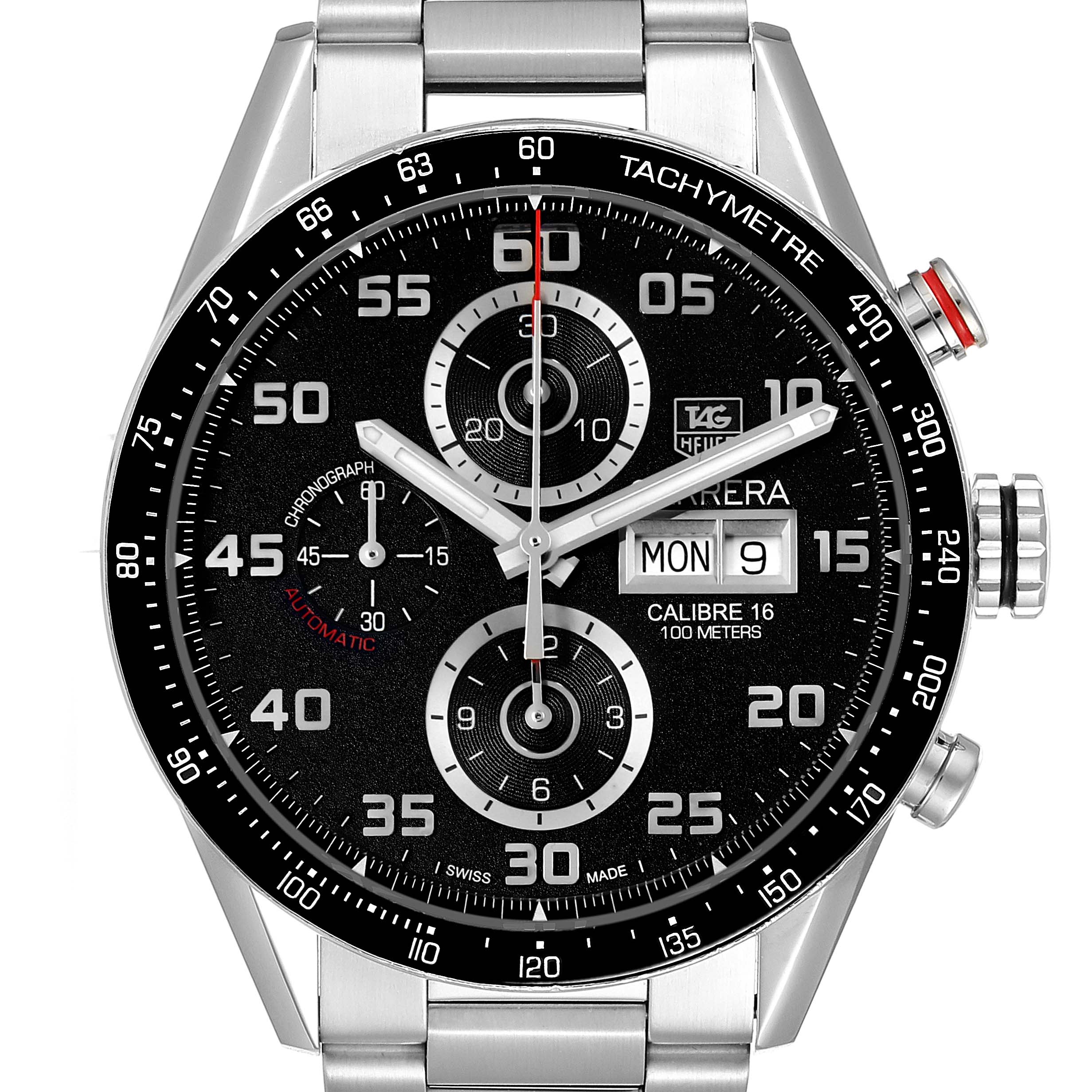 The image shows a front view of the Tag Heuer Carrera CV2A1R.BA0799 Men
s Stainless Steel Black Dial CV2A1R.BA0799 Men
s Stainless Steel Black Dial watch, featuring a black dial with three sub-dials and a date window.