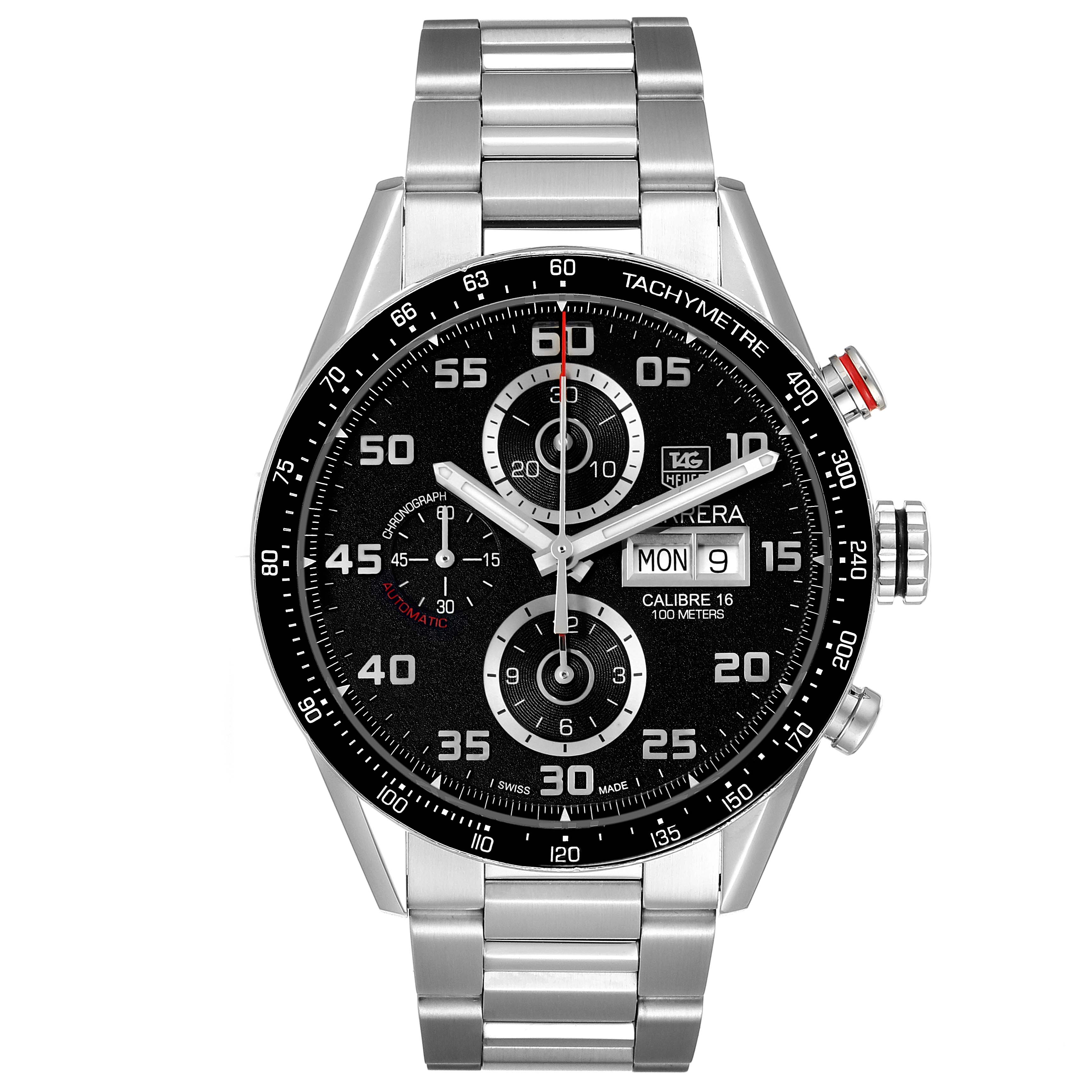 The image shows a front angle of the Tag Heuer Carrera CV2A1R.BA0799 Men
s Stainless Steel Black Dial CV2A1R.BA0799 Men
s Stainless Steel Black Dial watch featuring its black dial, chronograph subdials, and stainless steel bracelet.