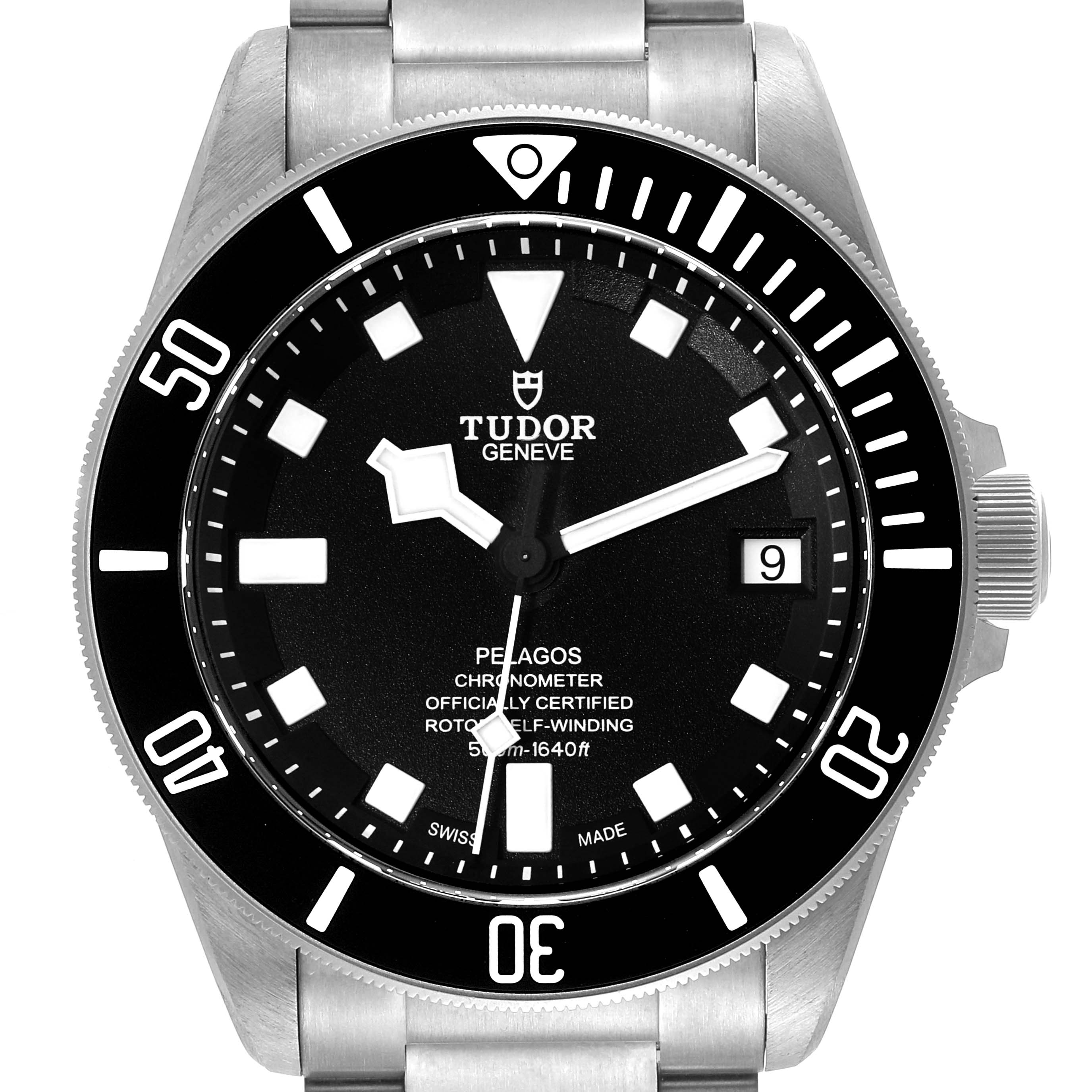 This image shows a front view of the Tudor Pelagos 25600TN Men's Titanium Black Dial 25600TN Men's Titanium Black Dial watch, displaying the dial, bezel, hands, and part of the bracelet.