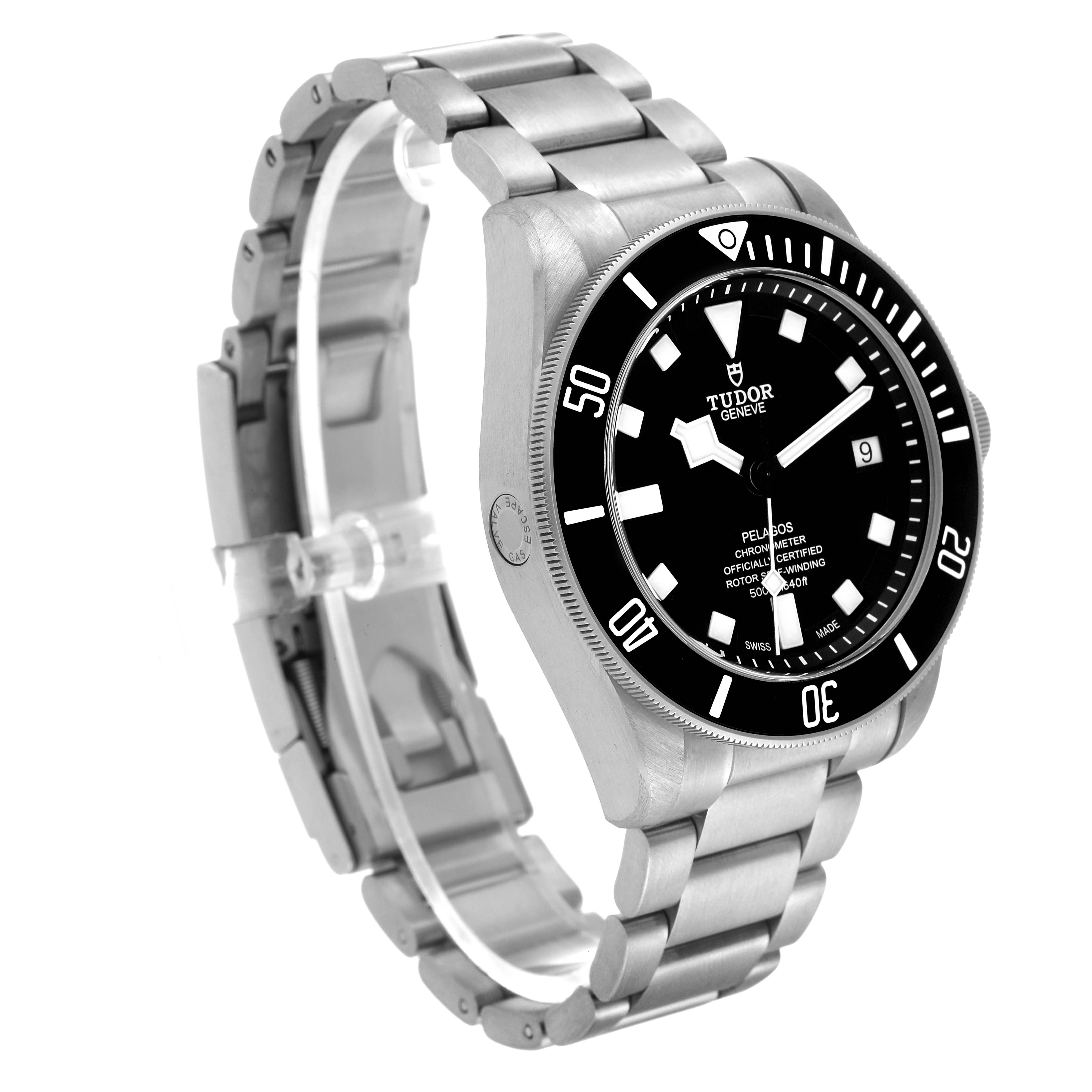 The Tudor Pelagos 25600TN Men's Titanium Black Dial 25600TN Men's Titanium Black Dial watch is shown at an angled side view, revealing the face, bezel, bracelet, and clasp.