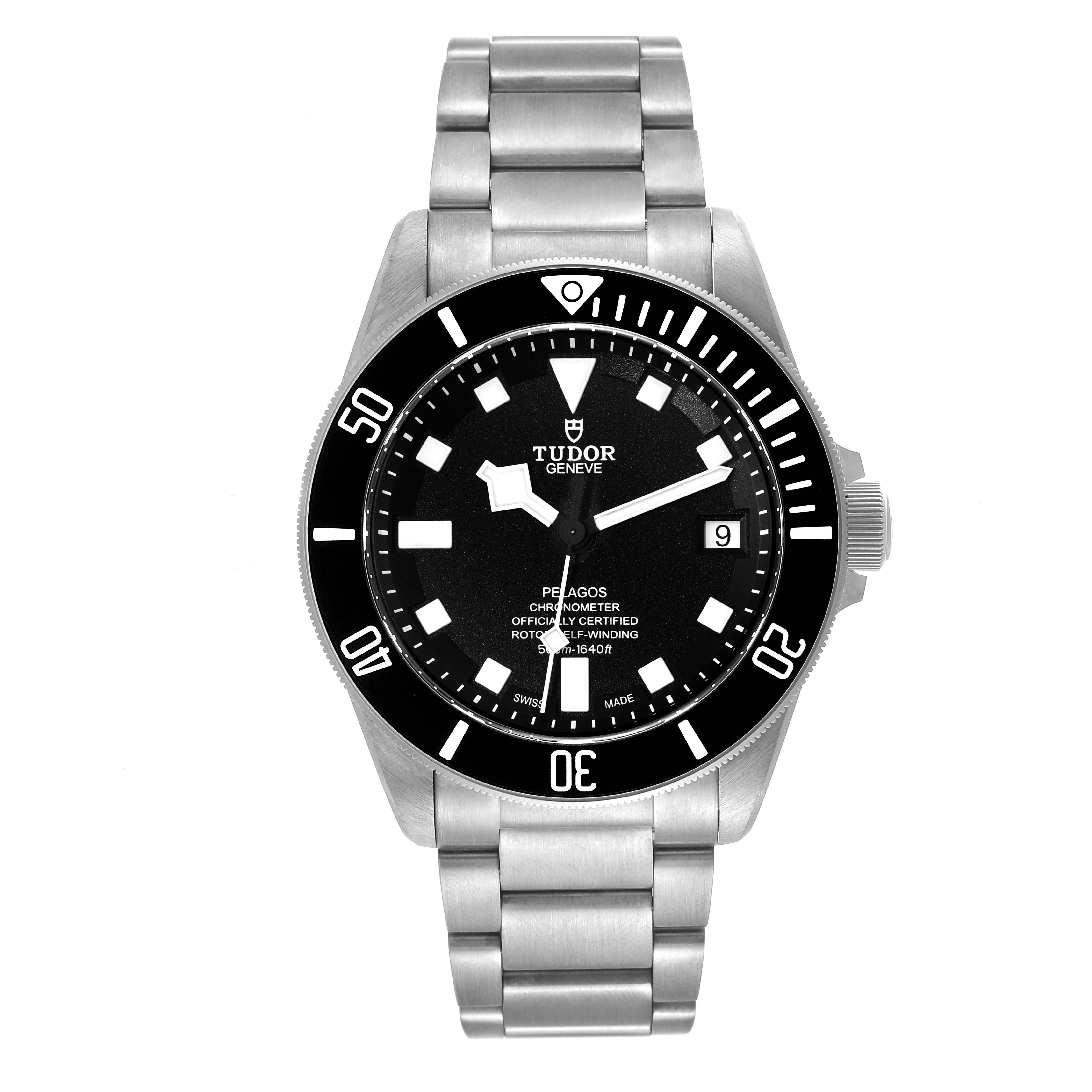The image shows a front view of the Tudor Pelagos 25600TN Men's Titanium Black Dial 25600TN Men's Titanium Black Dial watch, displaying its dial, bezel, and metal bracelet.