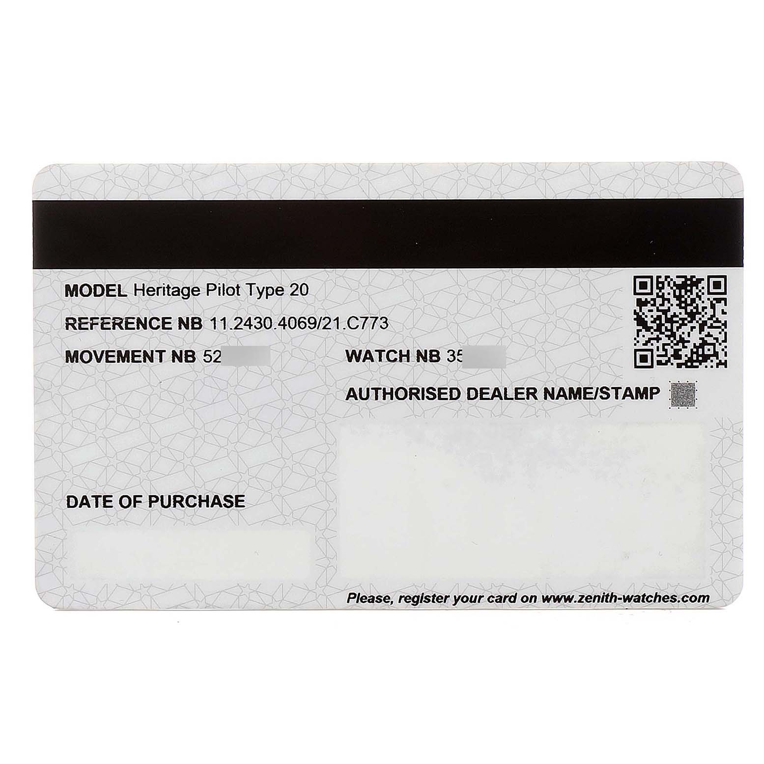 This is an image of a Zenith Heritage Pilot Type 20 watch warranty card showing model, reference, movement, and watch numbers.