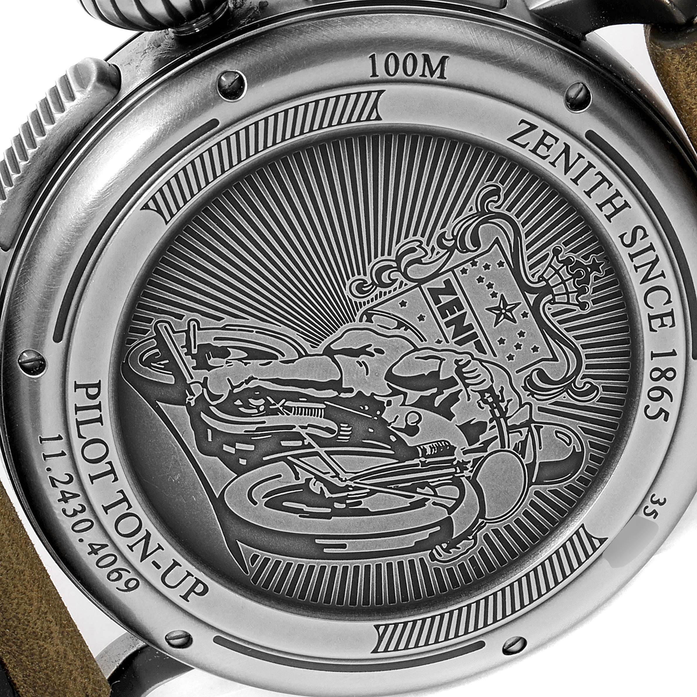 The image shows the engraved back case of a Zenith Pilot 11.2430.4069/21.C773 Men's Stainless Steel Grey Dial 11.2430.4069/21.C773 Men's Stainless Steel Grey Dial model watch viewed from the back.