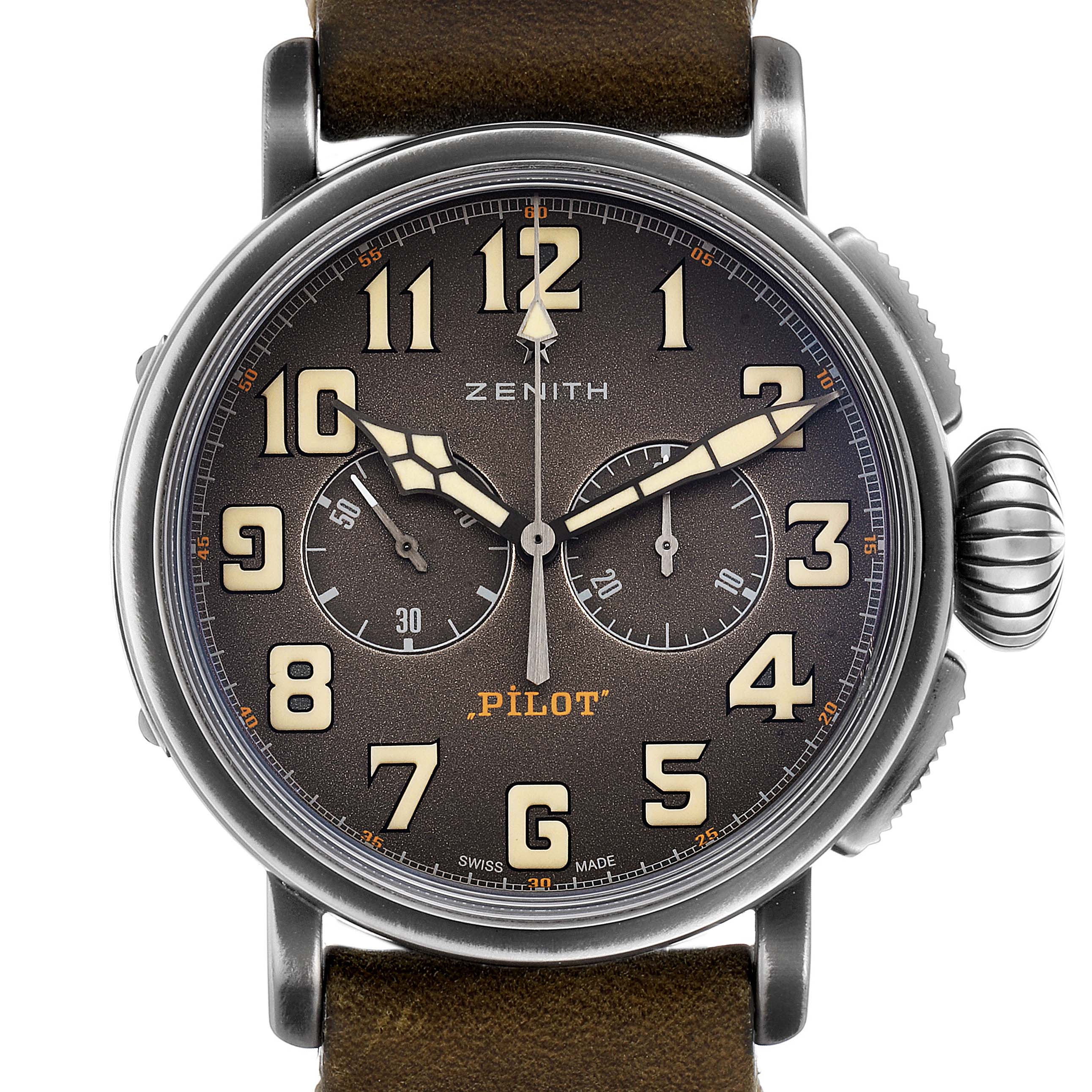 The Zenith Pilot 11.2430.4069/21.C773 Men's Stainless Steel Grey Dial 11.2430.4069/21.C773 Men's Stainless Steel Grey Dial watch is shown from a front angle, displaying its dial, hands, bezel, and crown.