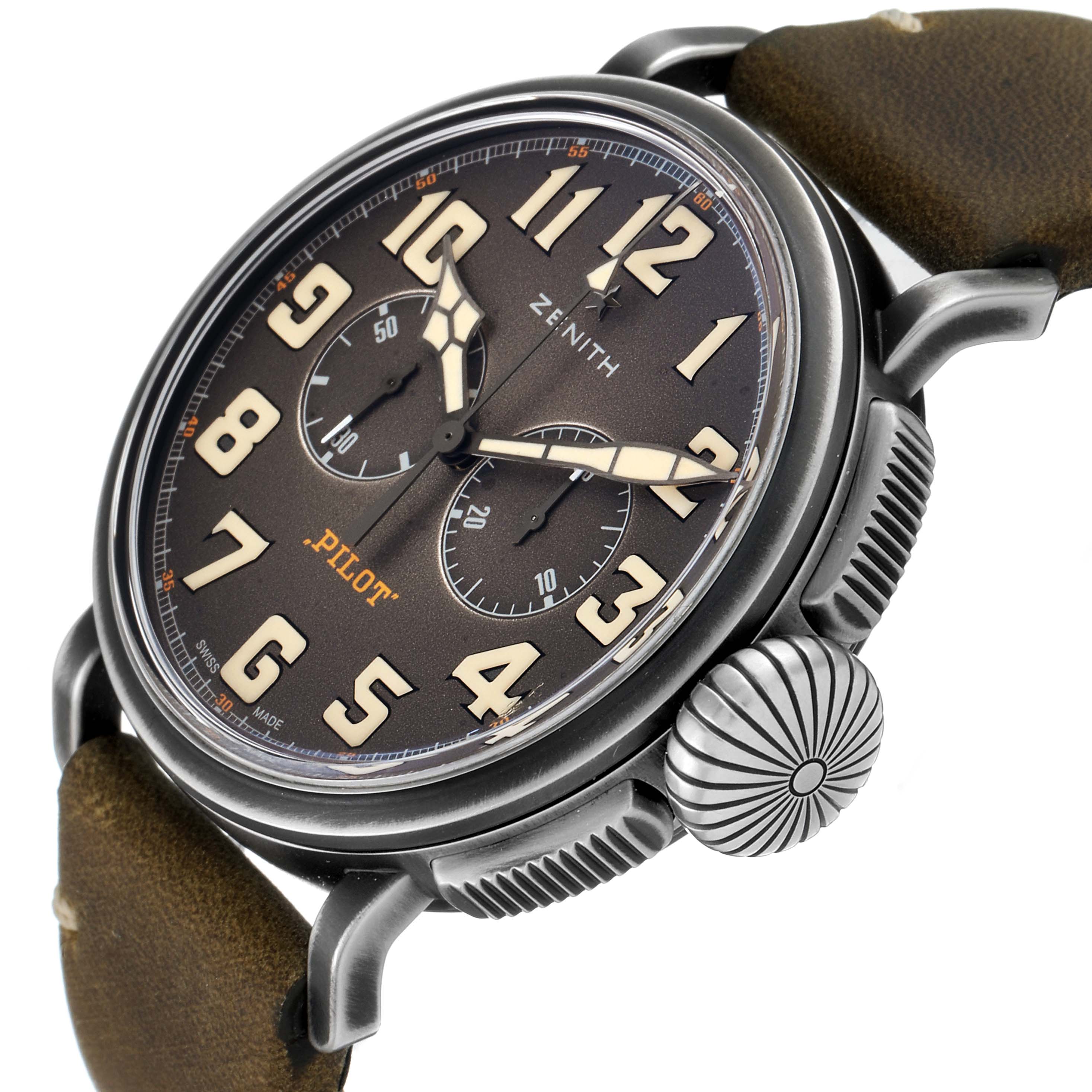 The Zenith Pilot 11.2430.4069/21.C773 Men's Stainless Steel Grey Dial 11.2430.4069/21.C773 Men's Stainless Steel Grey Dial watch is shown at a close-up angle featuring the face, hands, crown, and part of the strap.