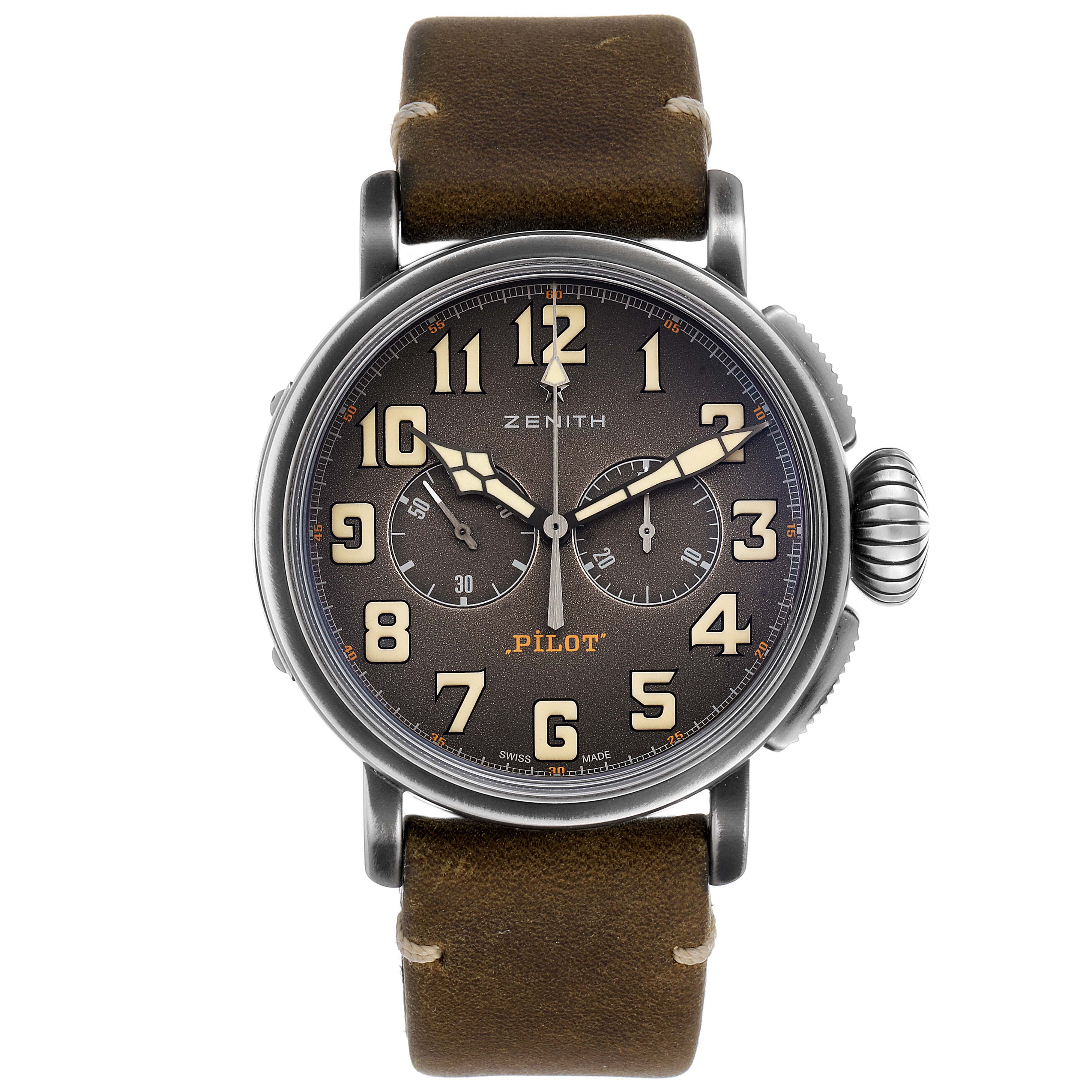 The Zenith Pilot 11.2430.4069/21.C773 Men's Stainless Steel Grey Dial 11.2430.4069/21.C773 Men's Stainless Steel Grey Dial model watch is shown from the front, displaying its dial, hands, numerals, sub-dials, and leather strap.