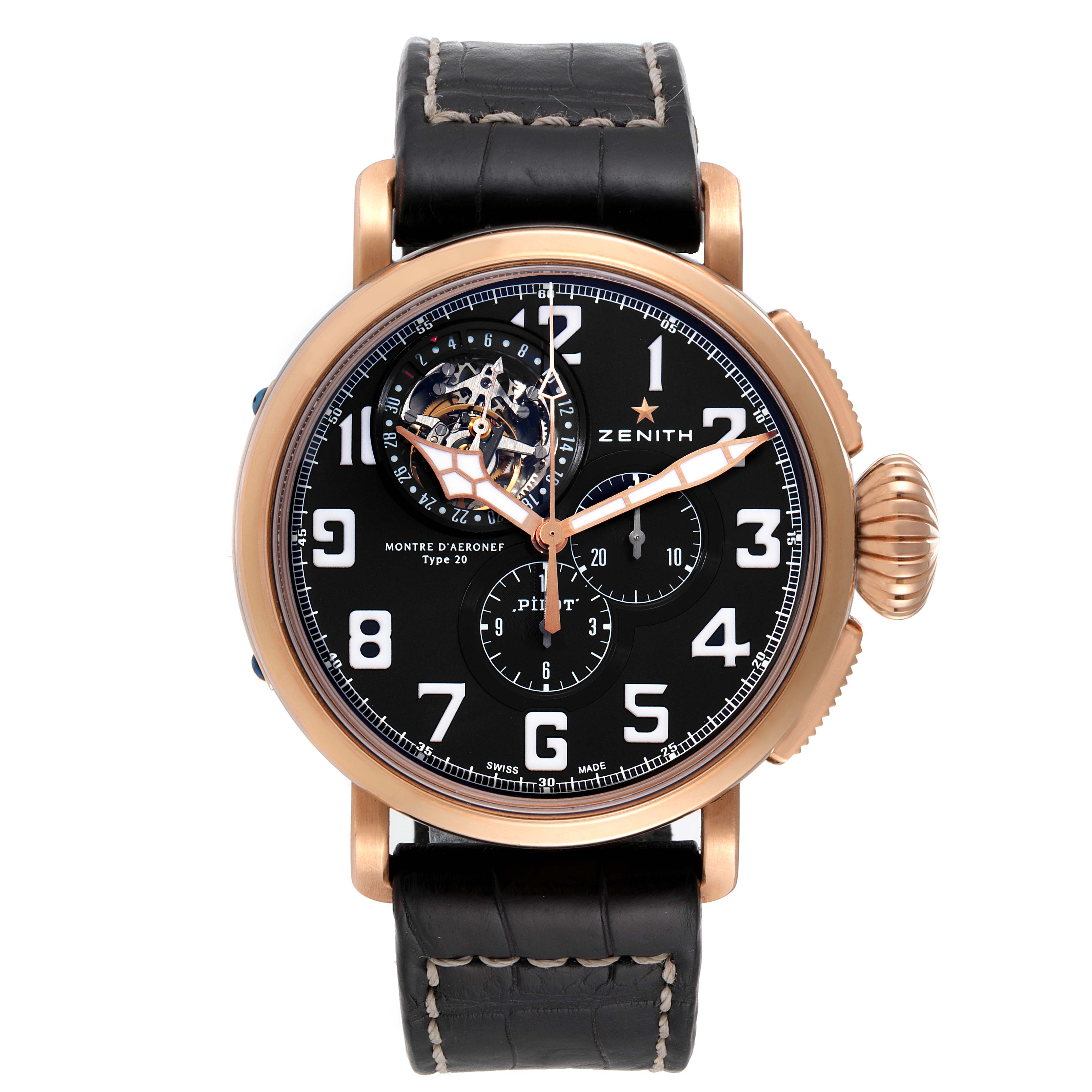 The image shows a front view of the Pilot model watch by Zenith, highlighting its black dial, gold case, and black leather strap.