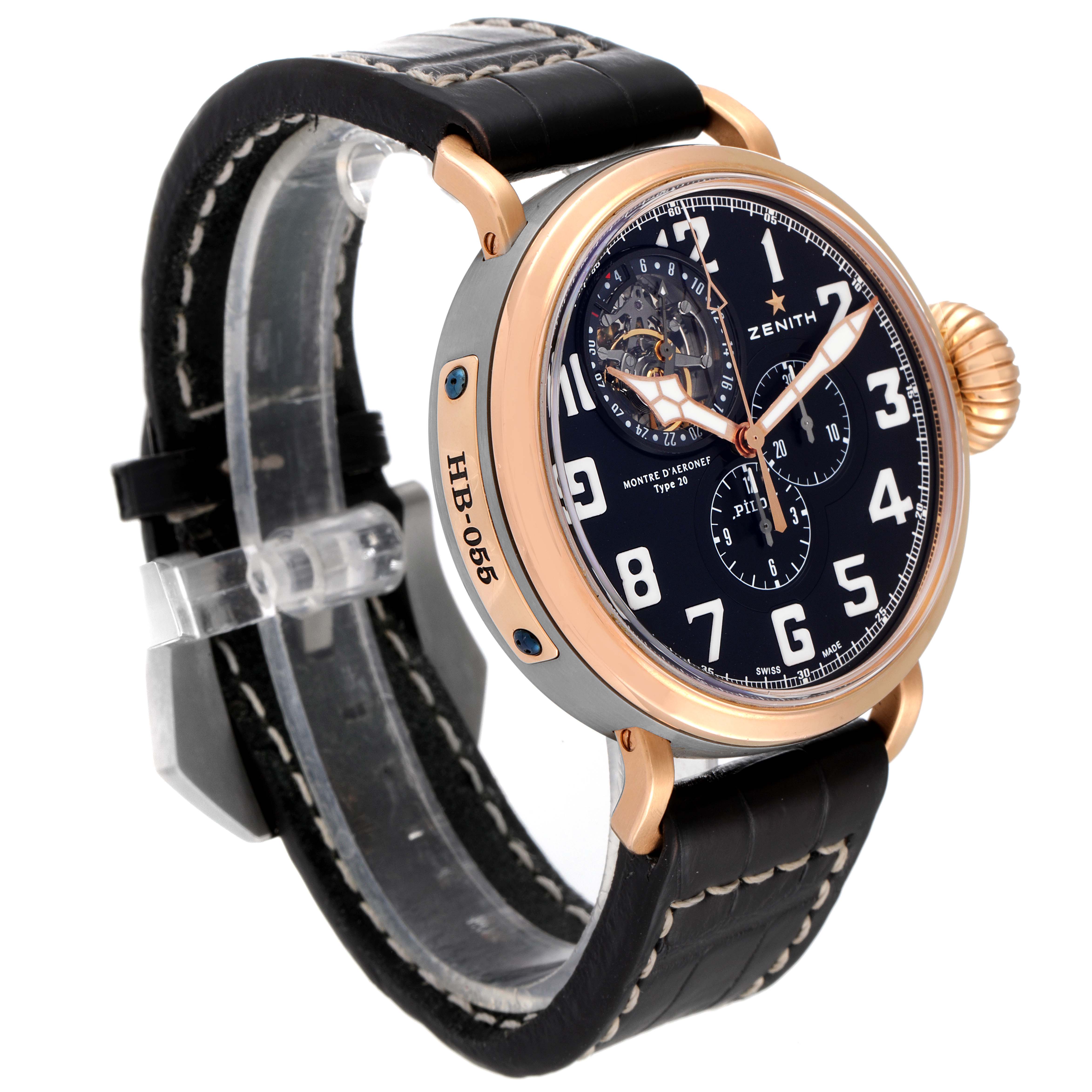 The image shows a Zenith Pilot 87.2430.4035/21.C721 Men's Titanium Black Dial 87.2430.4035/21.C721 Men's Titanium Black Dial model watch at a slight left-side angle, highlighting its black leather strap and large crown.