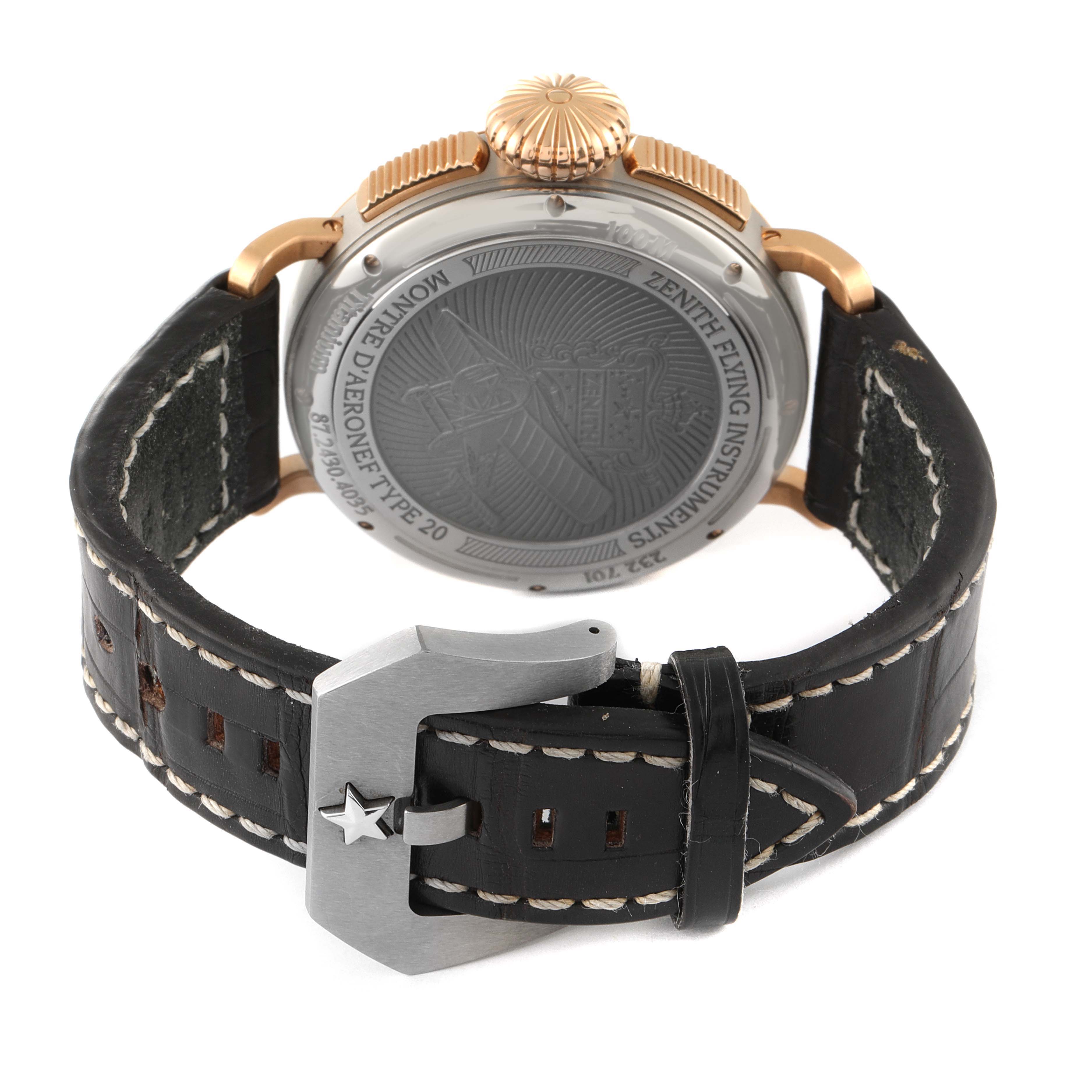 The image shows the back view of the Zenith Pilot 87.2430.4035/21.C721 Men's Titanium Black Dial 87.2430.4035/21.C721 Men's Titanium Black Dial watch, highlighting its case back and leather strap with a buckle.