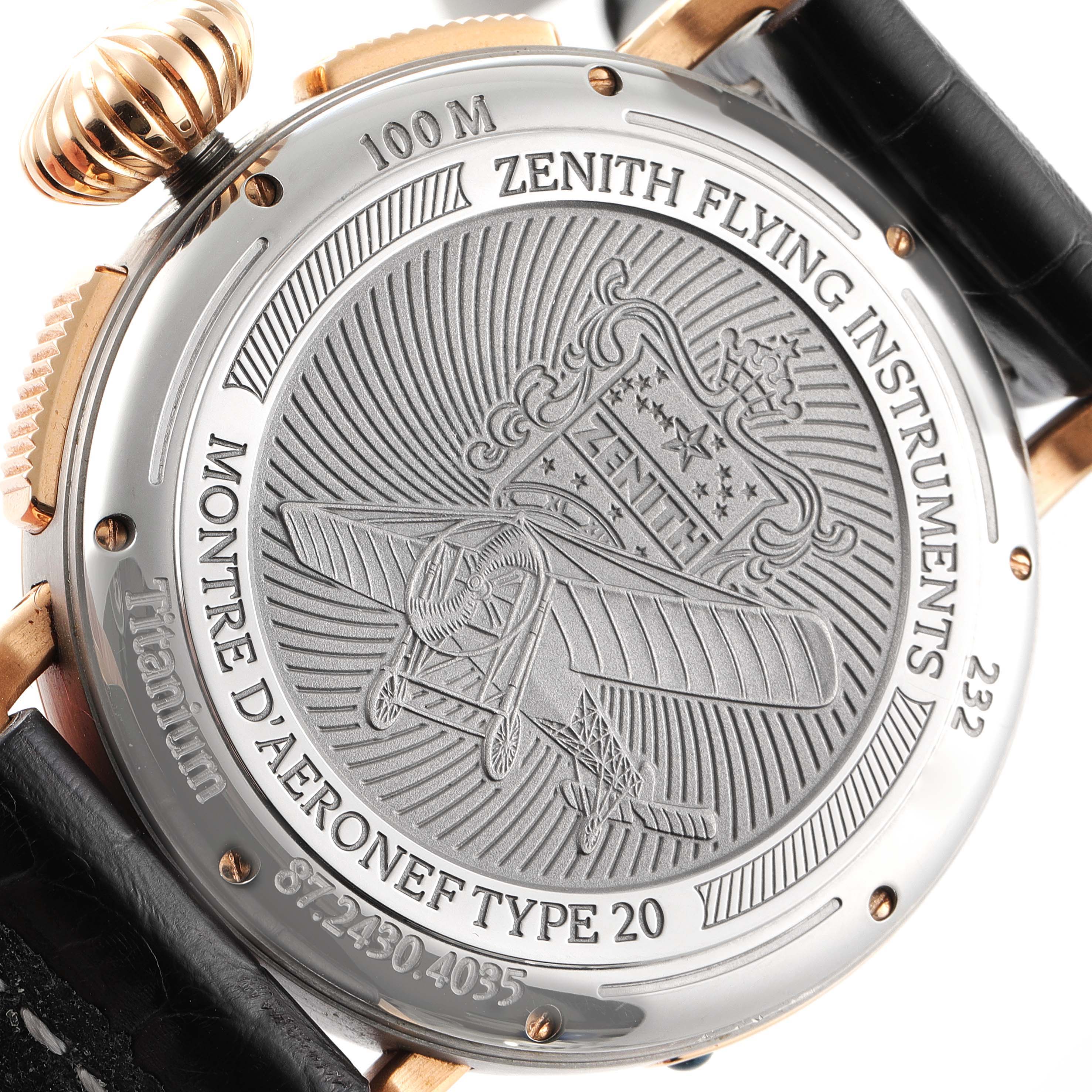 The image shows the back case of the Zenith Pilot 87.2430.4035/21.C721 Men's Titanium Black Dial 87.2430.4035/21.C721 Men's Titanium Black Dial Type 20 watch, highlighting its engraving and titanium material.