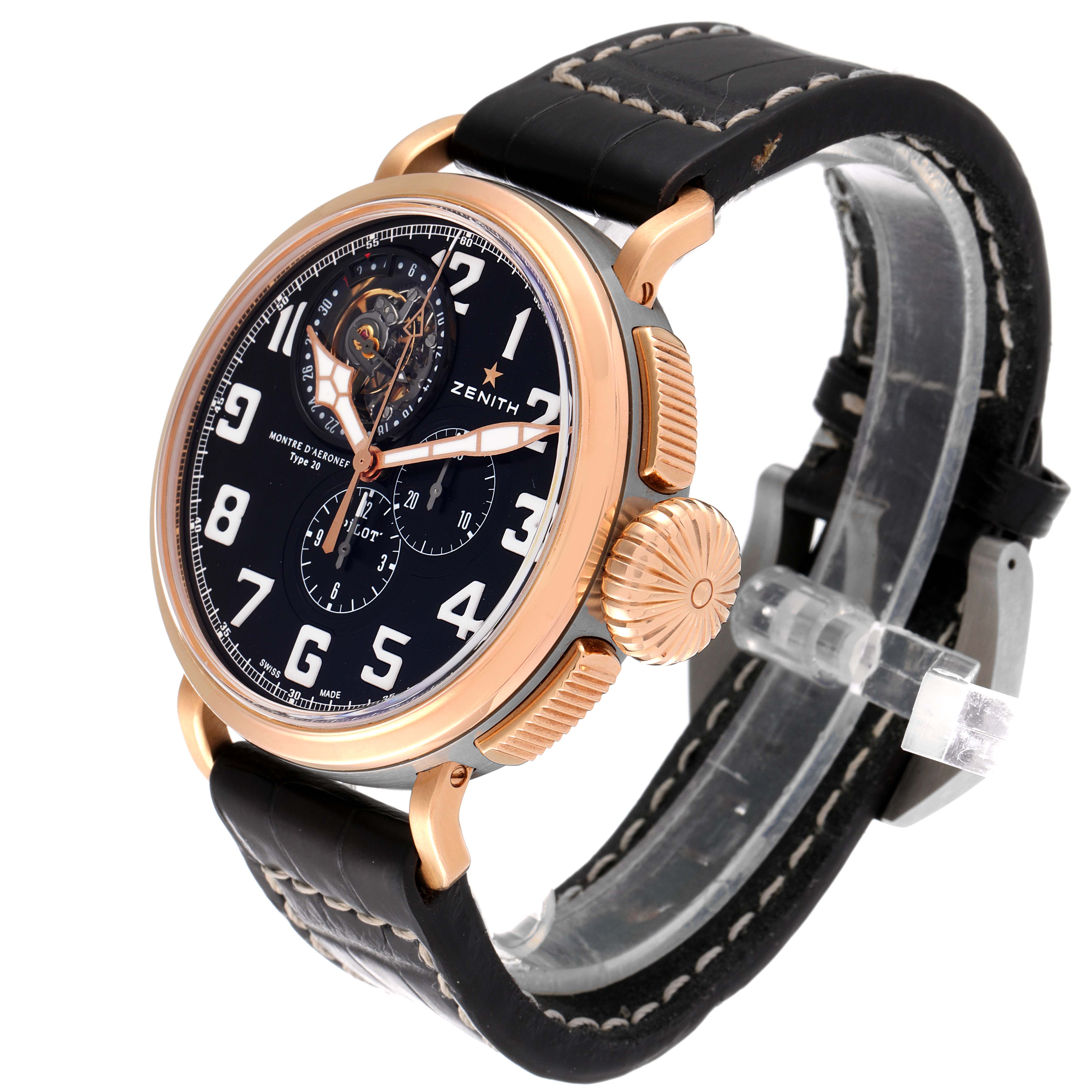 The image shows a Zenith Pilot 87.2430.4035/21.C721 Men's Titanium Black Dial 87.2430.4035/21.C721 Men's Titanium Black Dial watch at a three-quarter angle, highlighting the face, crown, and leather strap.