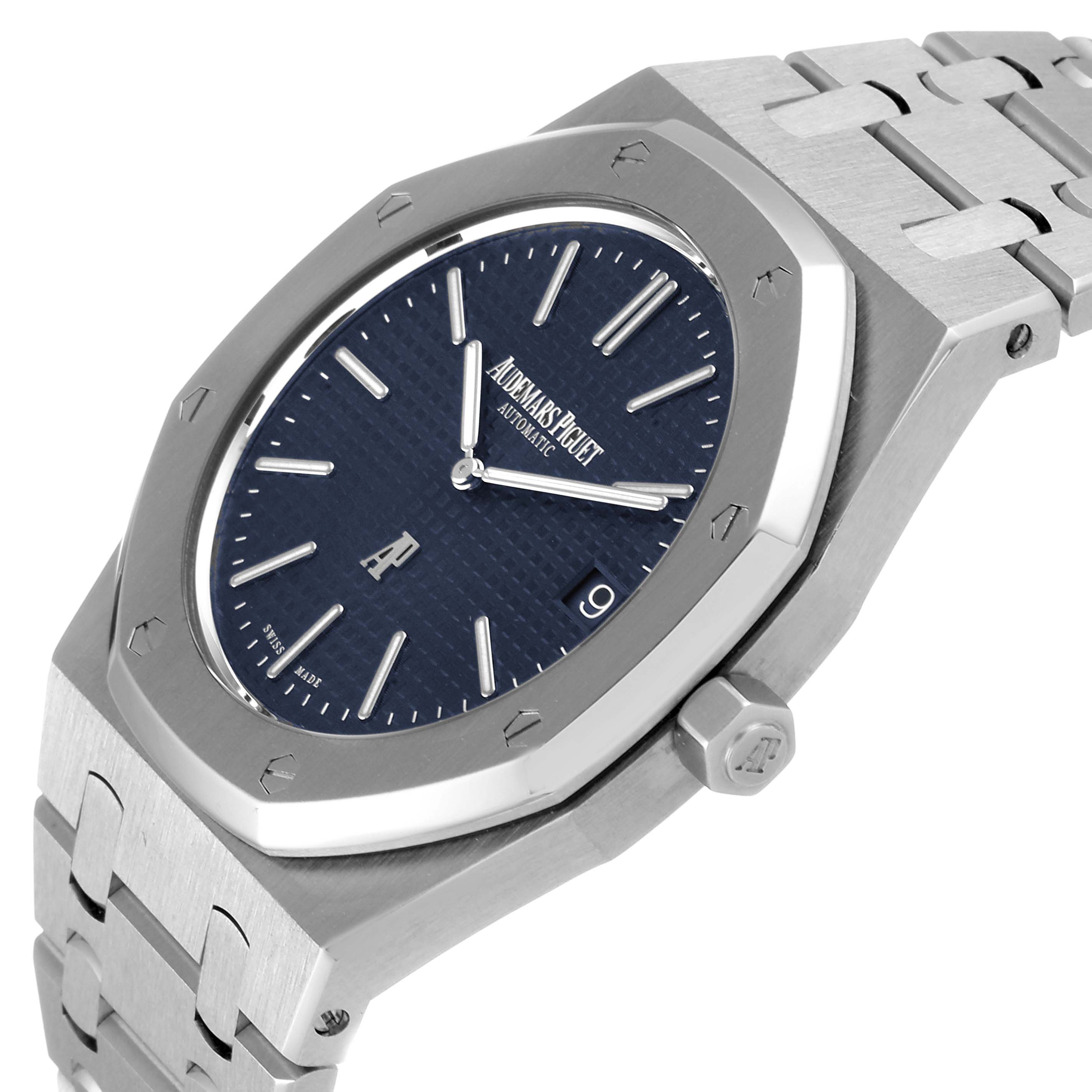 The image shows a side angle of the Royal Oak by Audemars Piguet, highlighting the dial, bezel, case, crown, and bracelet.