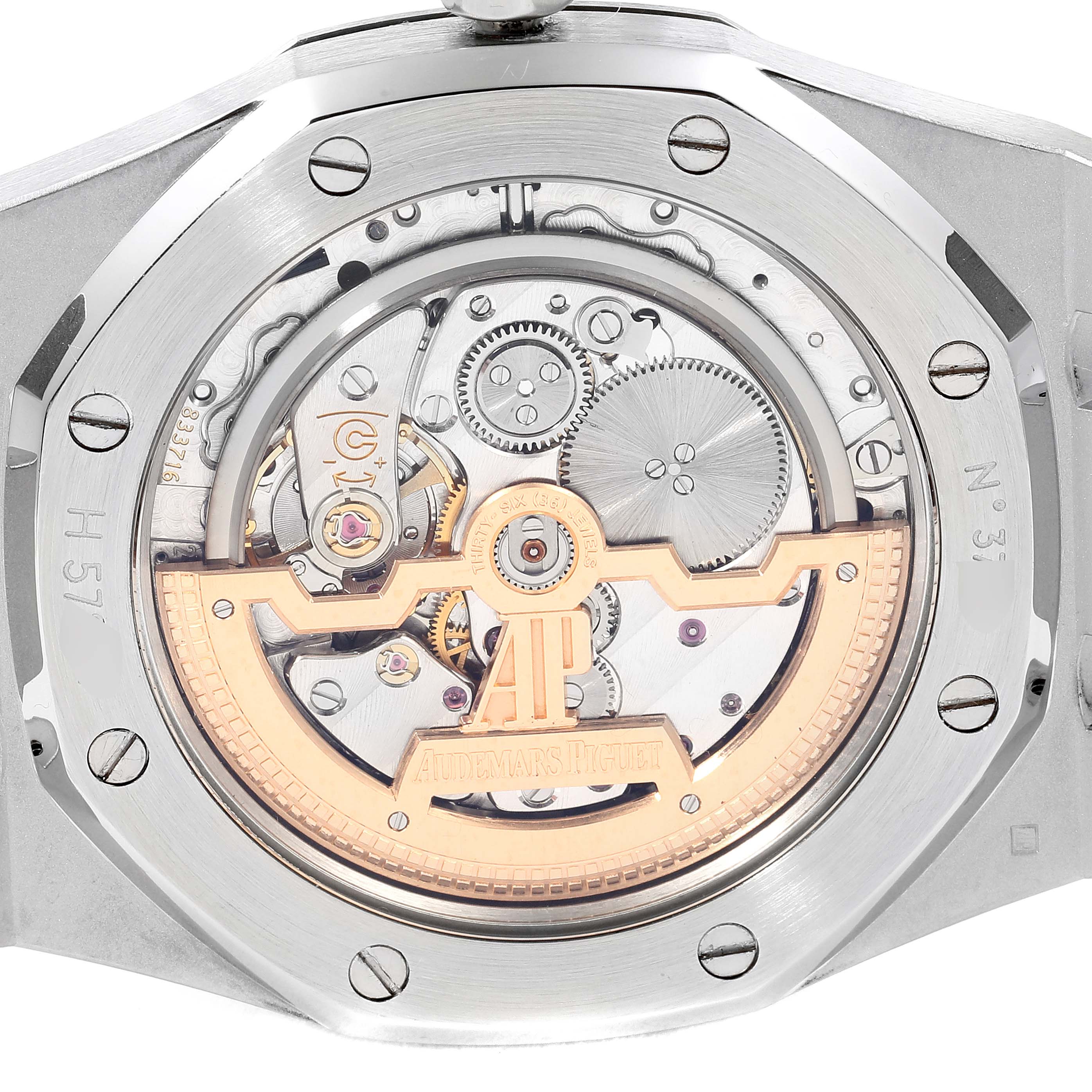 This is the back view of the Audemars Piguet Royal Oak 15202ST.OO.1240ST.01 Men's Stainless Steel Blue Dial 15202ST.OO.1240ST.01 Men's Stainless Steel Blue Dial watch, showing its open case back and intricate movement.