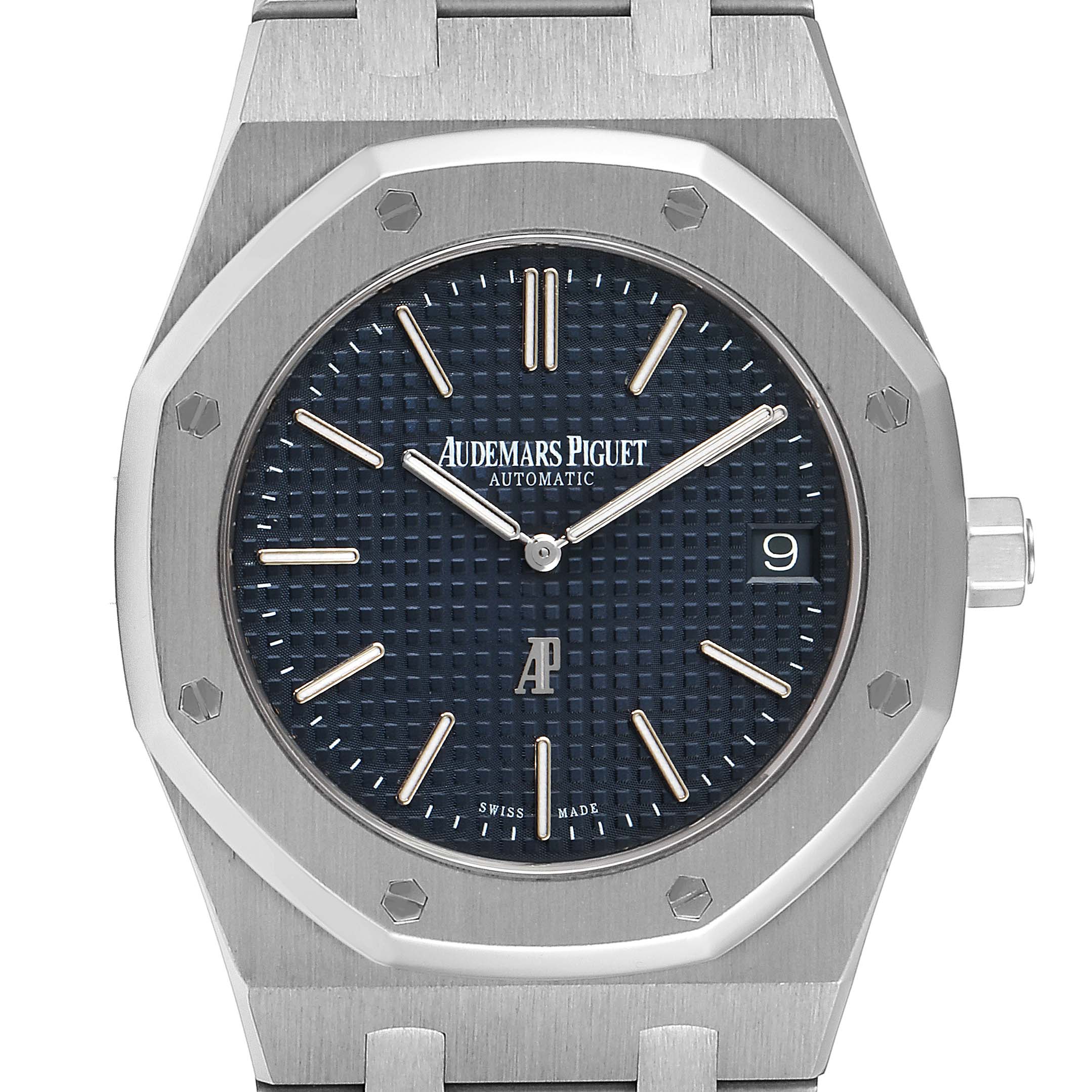 The image shows the face of an Audemars Piguet Royal Oak 15202ST.OO.1240ST.01 Men's Stainless Steel Blue Dial 15202ST.OO.1240ST.01 Men's Stainless Steel Blue Dial watch from the front angle, displaying the dial, hands, and date window.