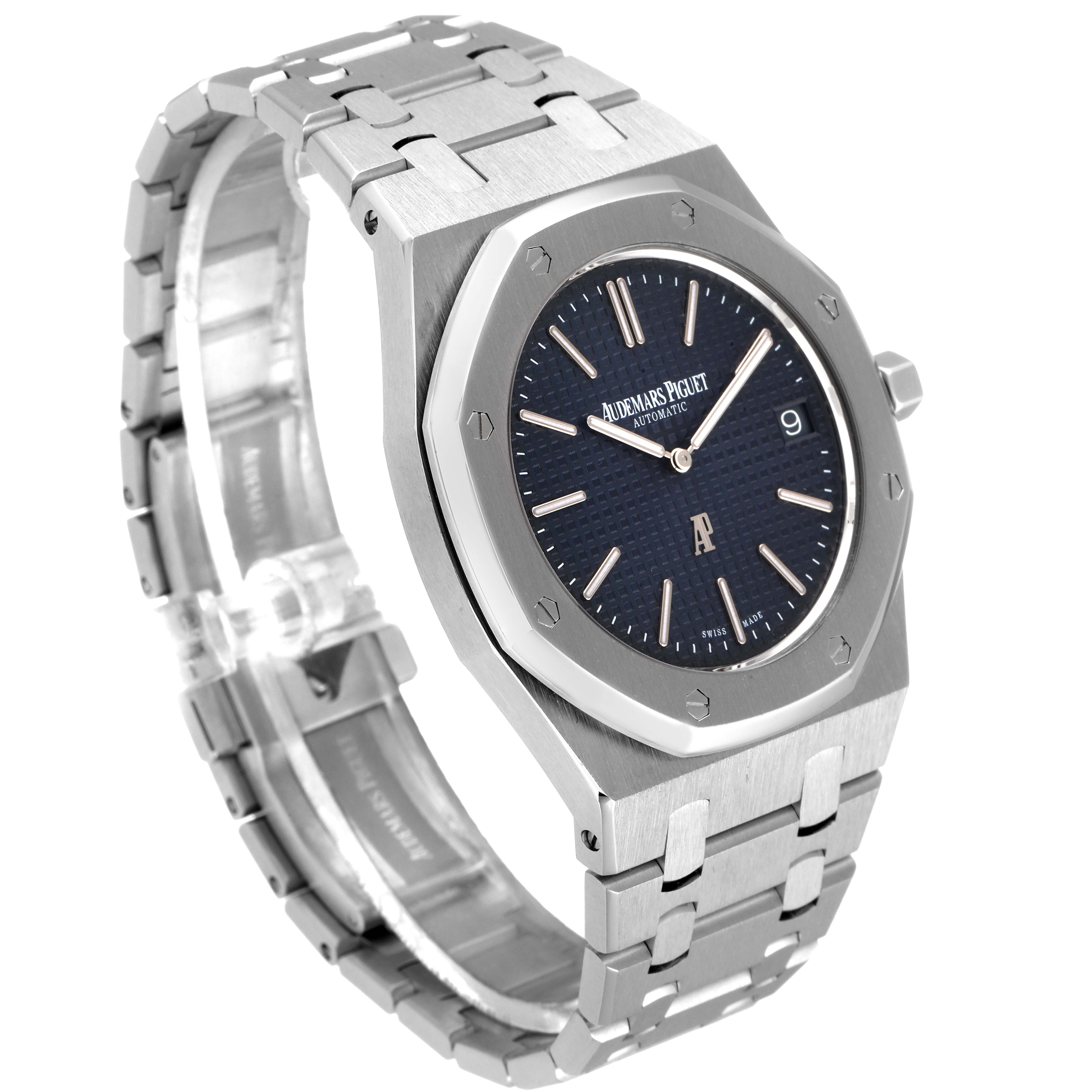 This image shows a side and front angle of the Audemars Piguet Royal Oak 15202ST.OO.1240ST.01 Men's Stainless Steel Blue Dial 15202ST.OO.1240ST.01 Men's Stainless Steel Blue Dial watch, highlighting its dial, bezel, and bracelet.