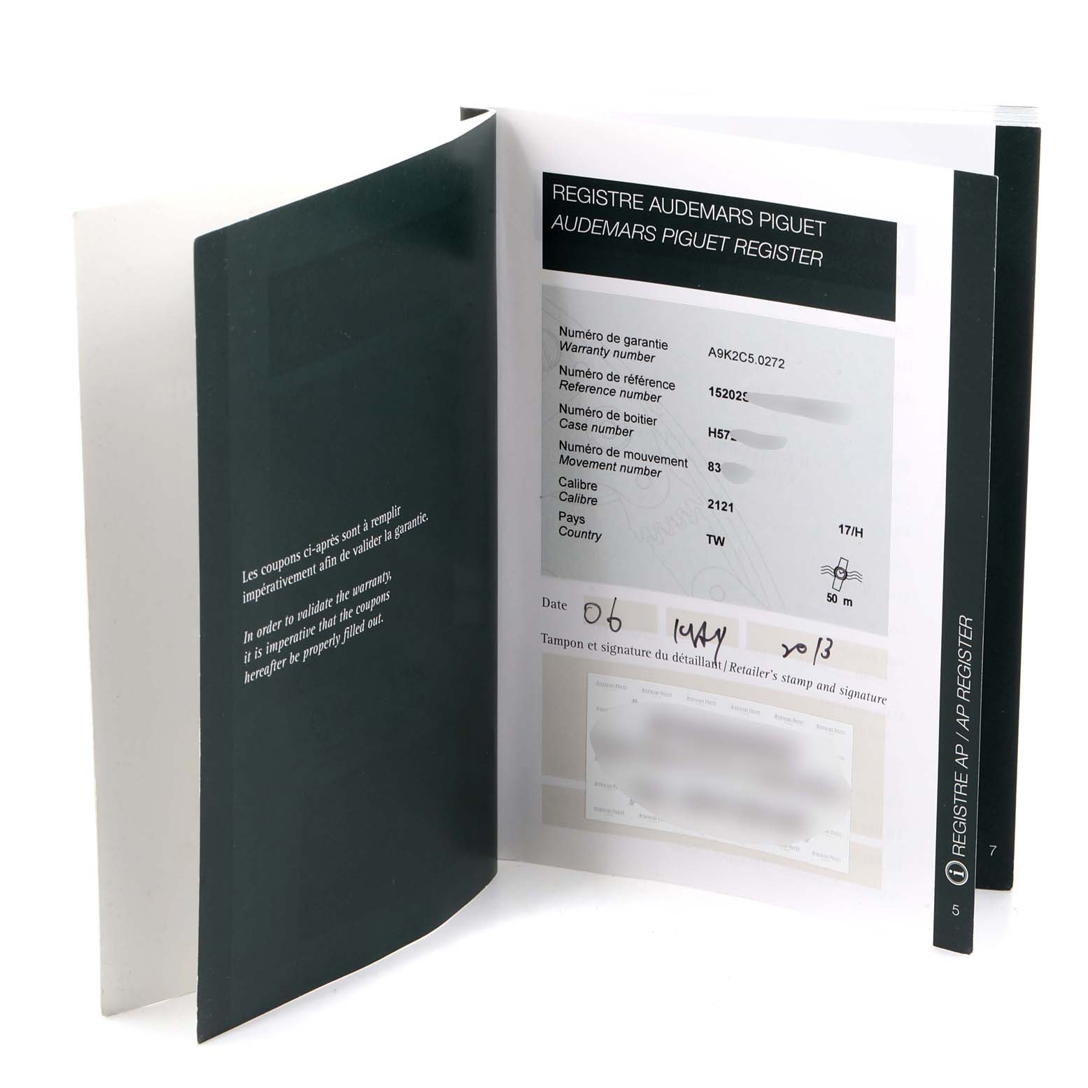 The image shows the opened warranty book for a Royal Oak model by Audemars Piguet, displaying registration details.