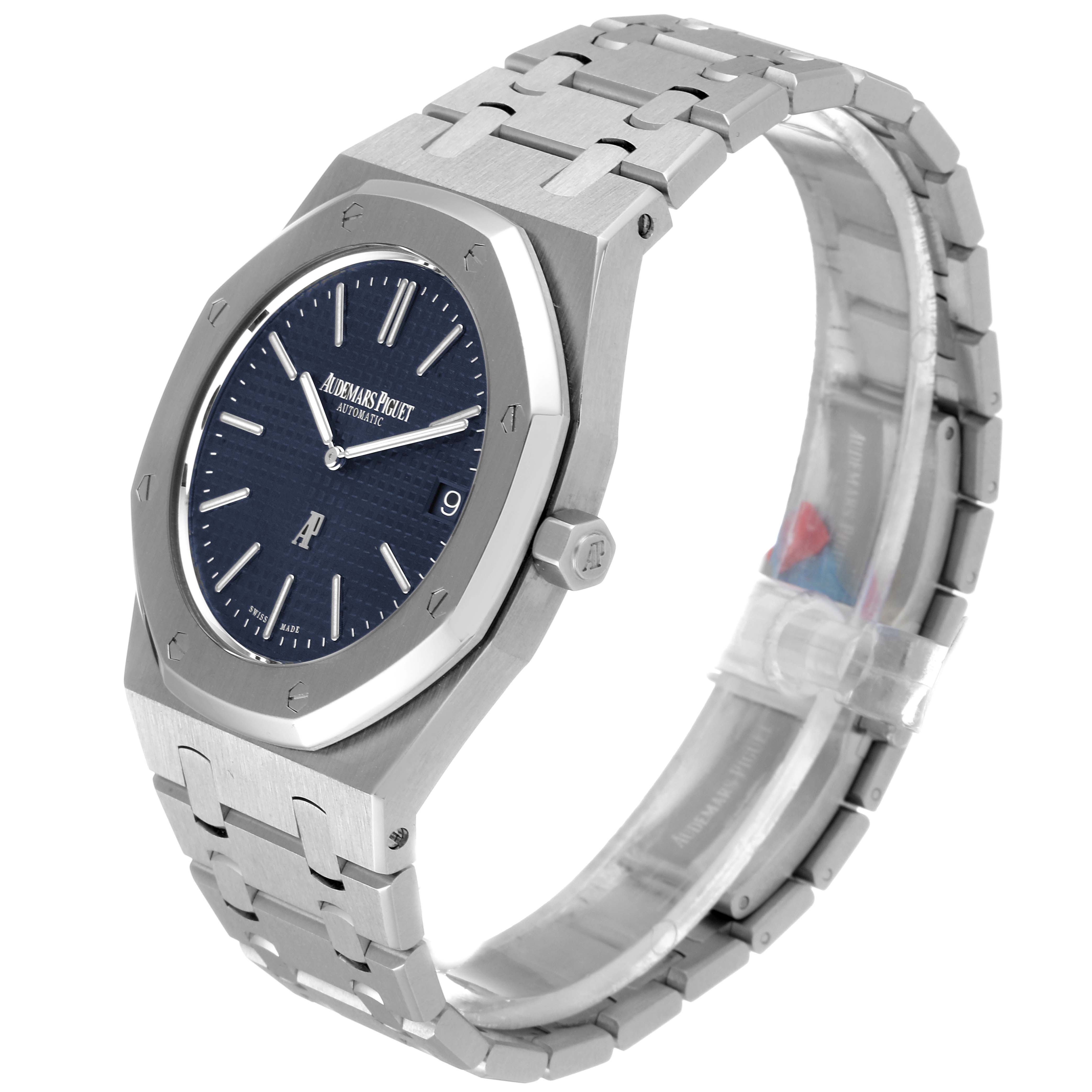 The image shows a side and slightly angled view of the Audemars Piguet Royal Oak 15202ST.OO.1240ST.01 Men's Stainless Steel Blue Dial 15202ST.OO.1240ST.01 Men's Stainless Steel Blue Dial watch, highlighting its blue dial, case, and bracelet.