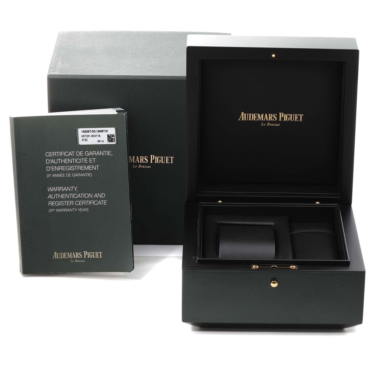 The image shows a green box, open-case, and warranty card for the Audemars Piguet Royal Oak 15202ST.OO.1240ST.01 Men's Stainless Steel Blue Dial 15202ST.OO.1240ST.01 Men's Stainless Steel Blue Dial model.