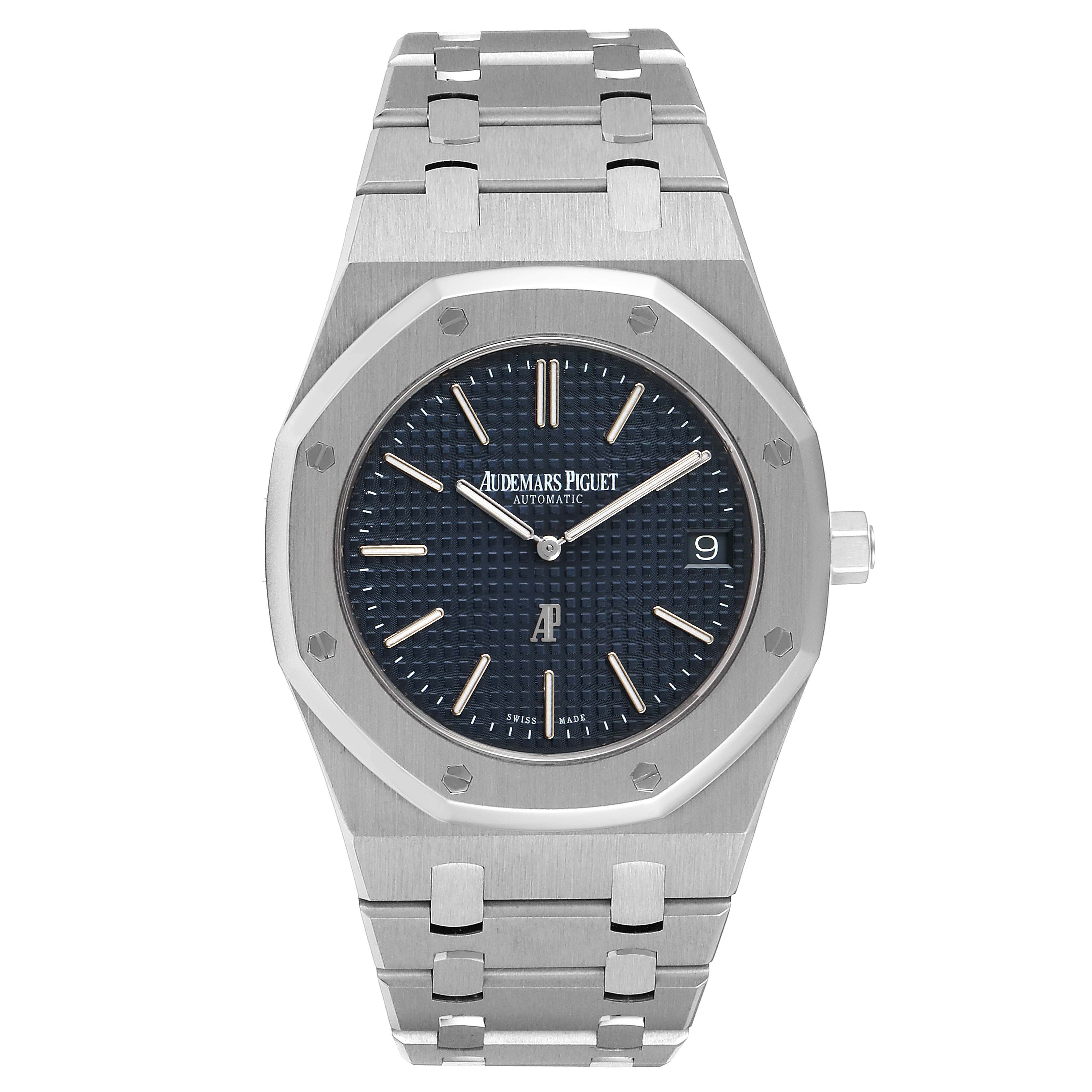 The image shows a front view of an Audemars Piguet Royal Oak 15202ST.OO.1240ST.01 Men's Stainless Steel Blue Dial 15202ST.OO.1240ST.01 Men's Stainless Steel Blue Dial watch, including its blue dial, stainless steel bracelet, and octagonal bezel.
